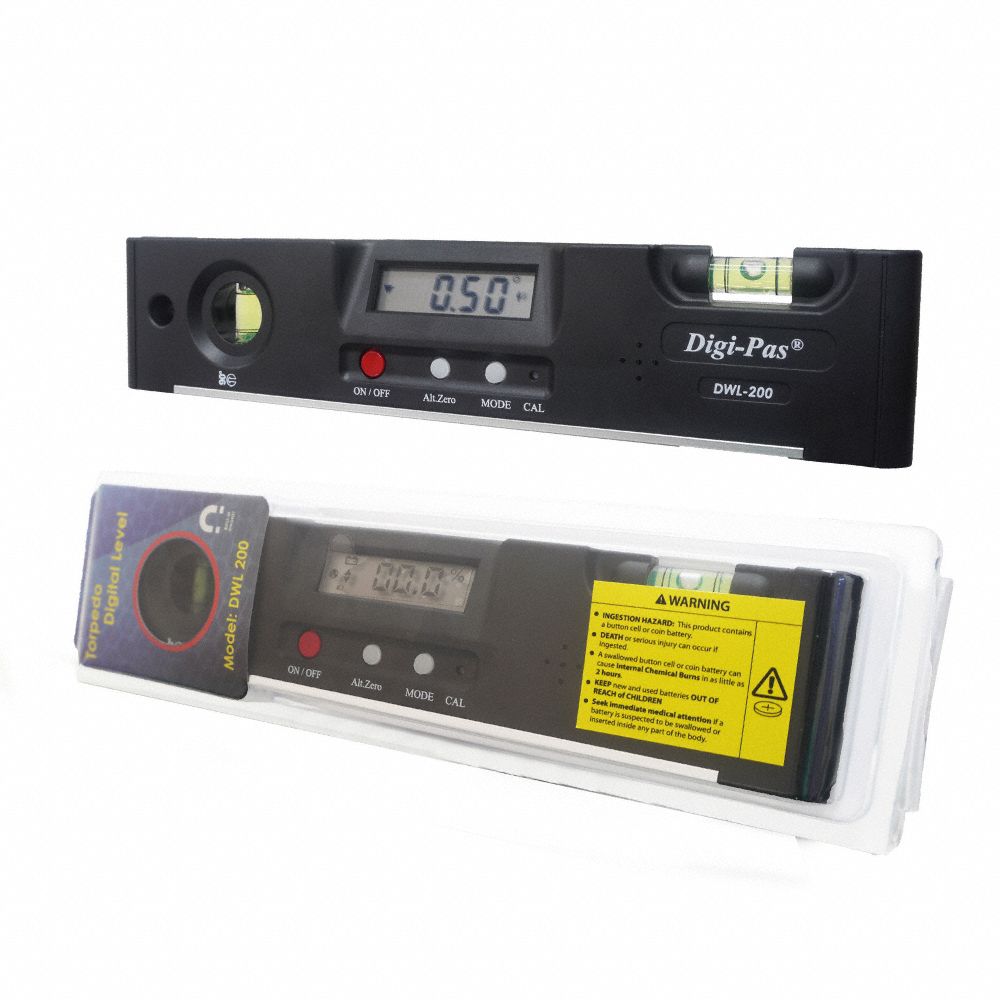 Digital Level: 0°– 90°, Includes Batteries, 1 Neodymium, 0.1°, 7 7/8 in Overall Lg, ±0.1°