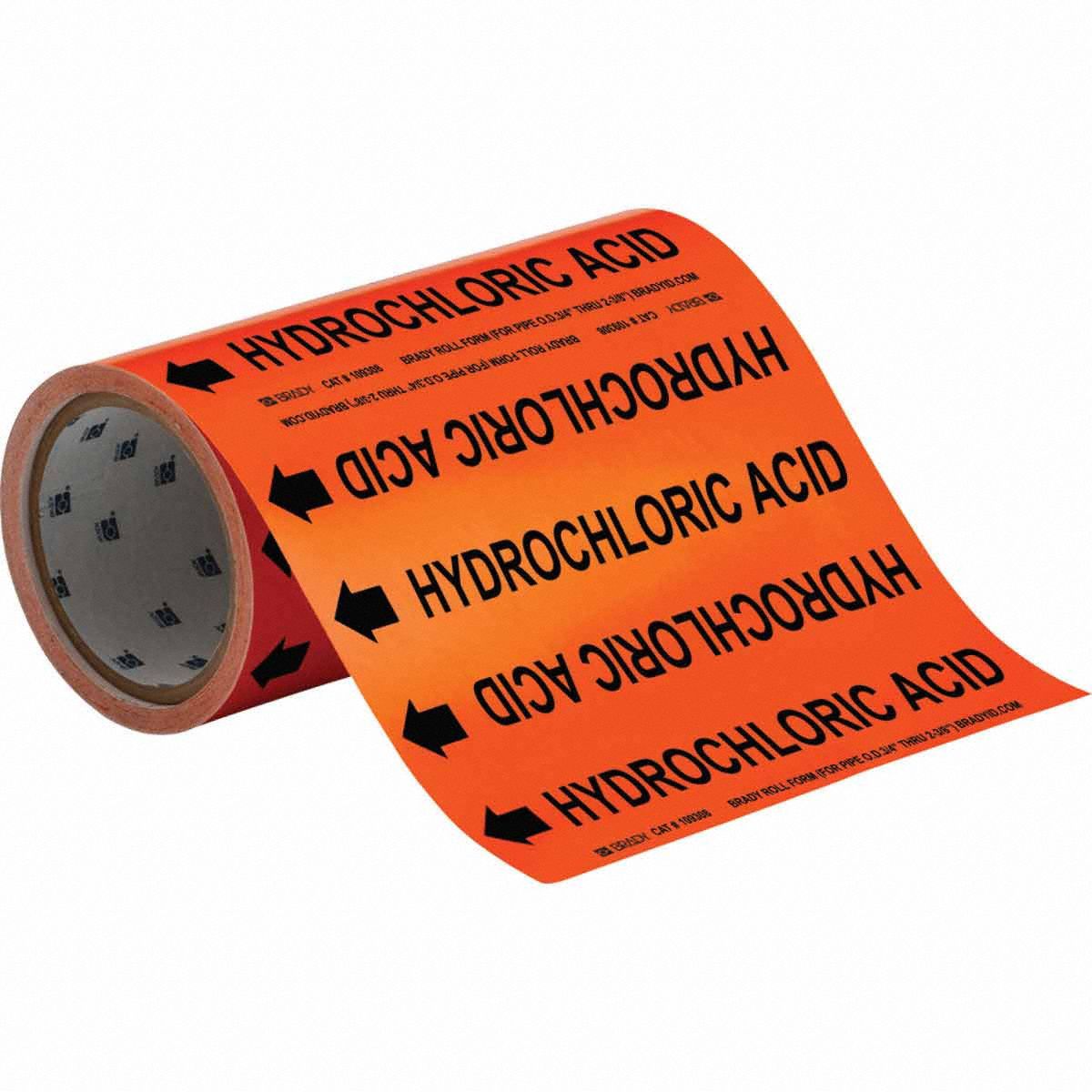 Pipe Marker: Hydrochloric Acid, Orange, Black, Fits 2 in and Smaller Pipe O.D., 30 Pipe Markers