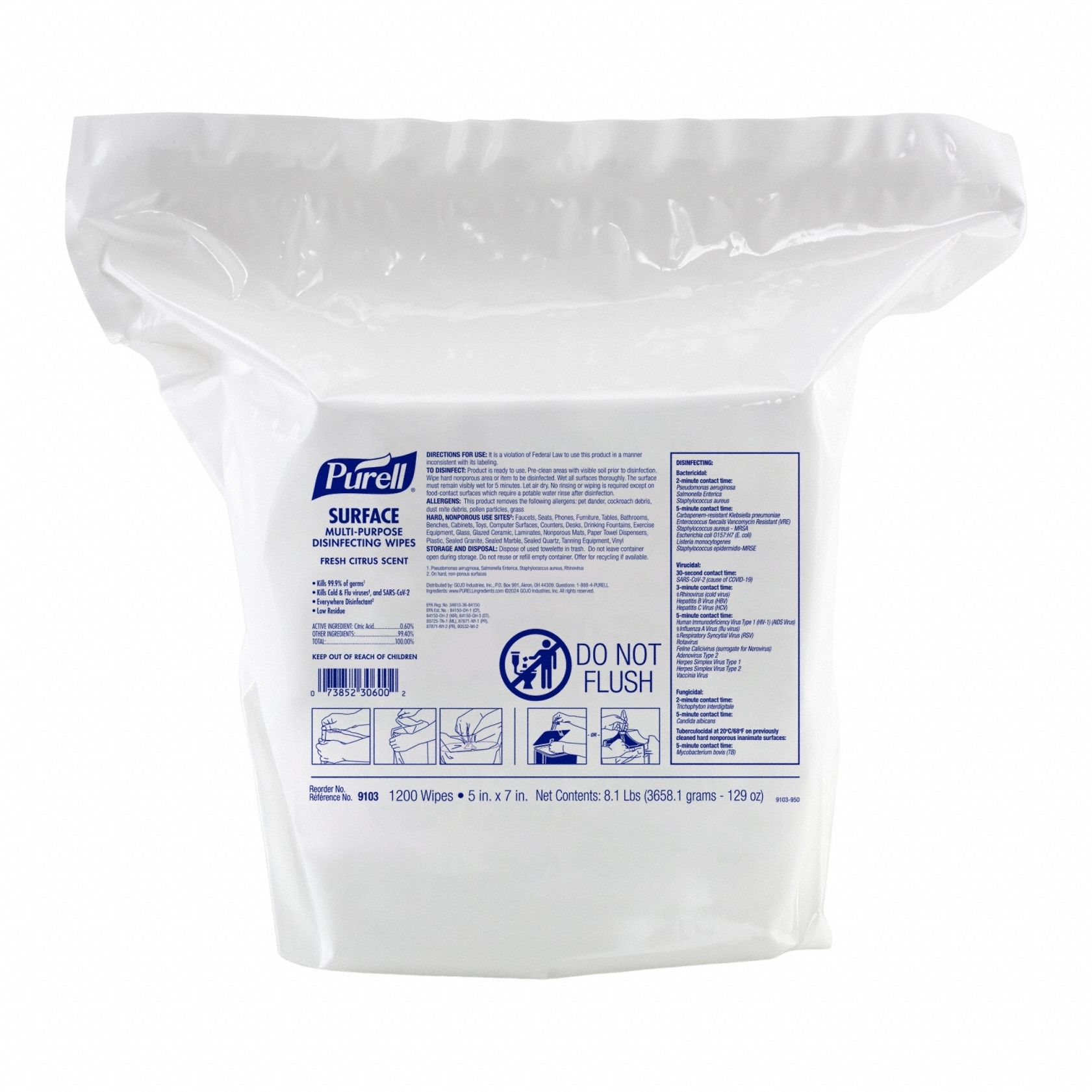 Disinfecting Wipes: Soft Pack, Ready to Use, Wipes, Citric Acid, 5 in x 7 in Sheet Size, 2 PK