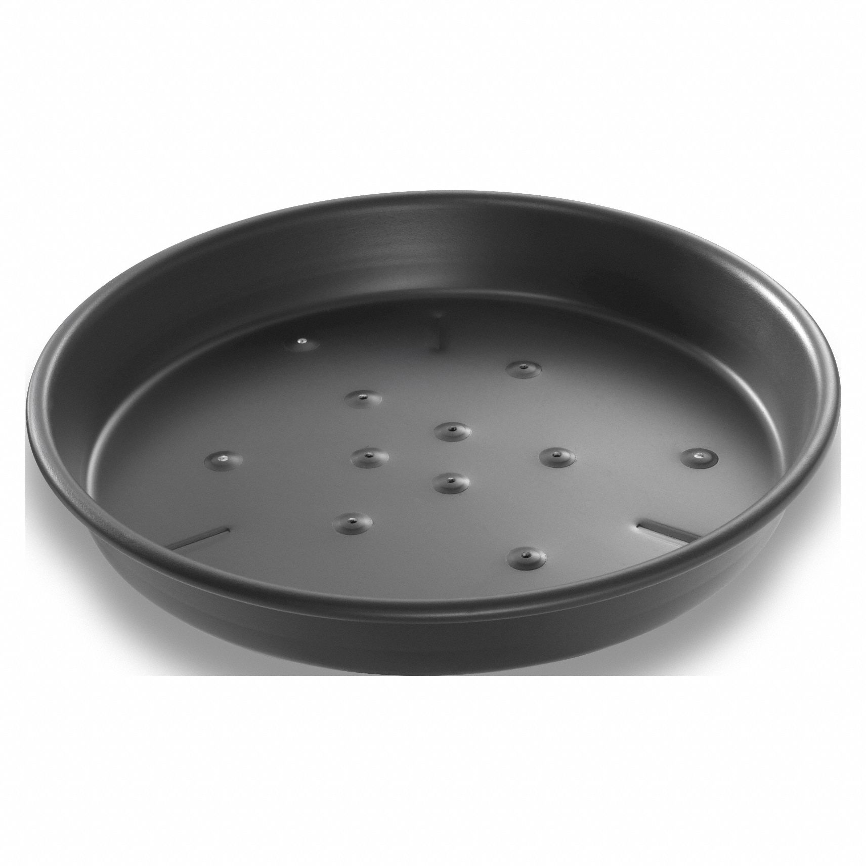 Pizza Pan: 10 in Overall Dia, Anodized Aluminum, Perforated, 14 ga Gauge, Uncoated