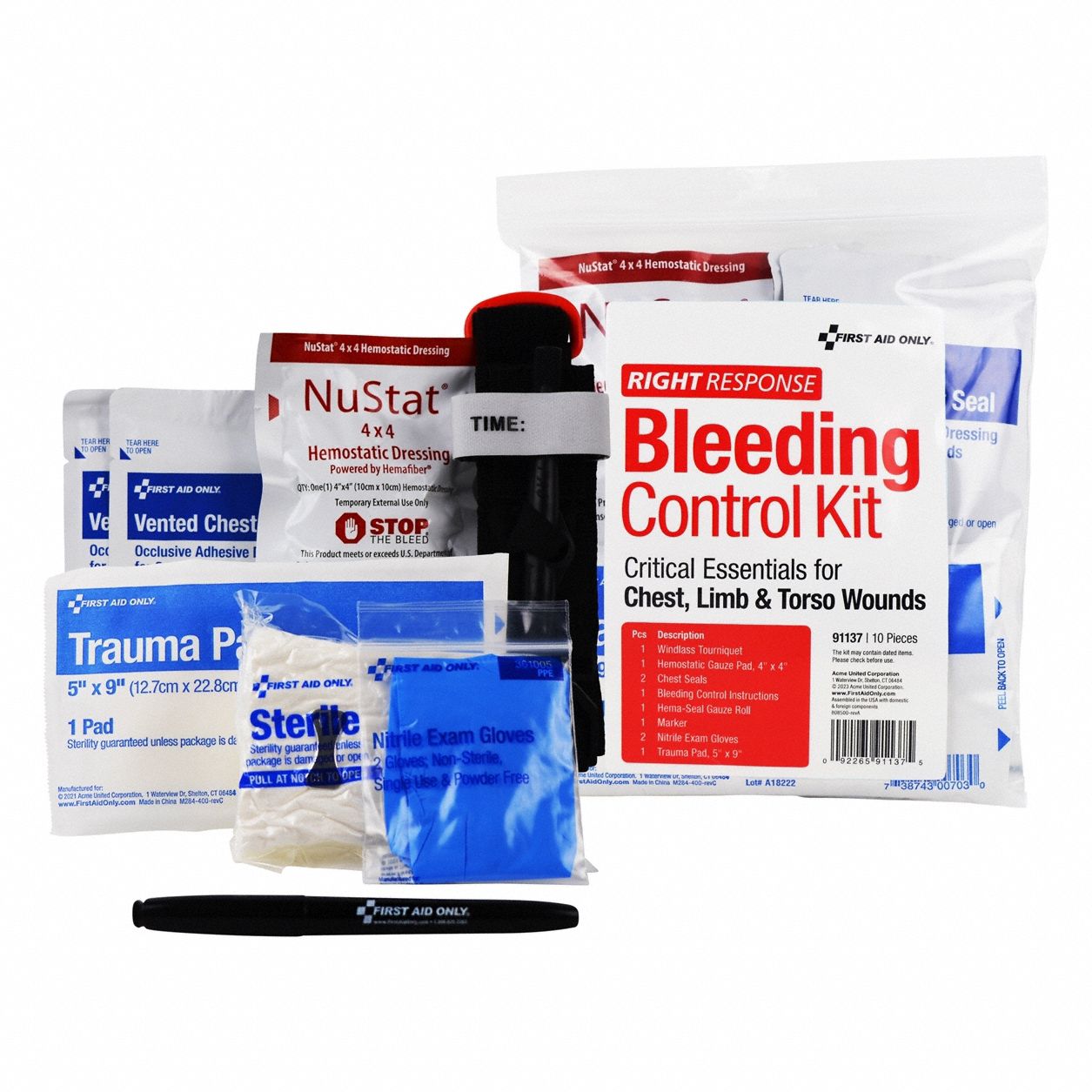 Bleeding Control Kit: Plastic Bag, 1 People Served, 10 Components, 0 Pockets