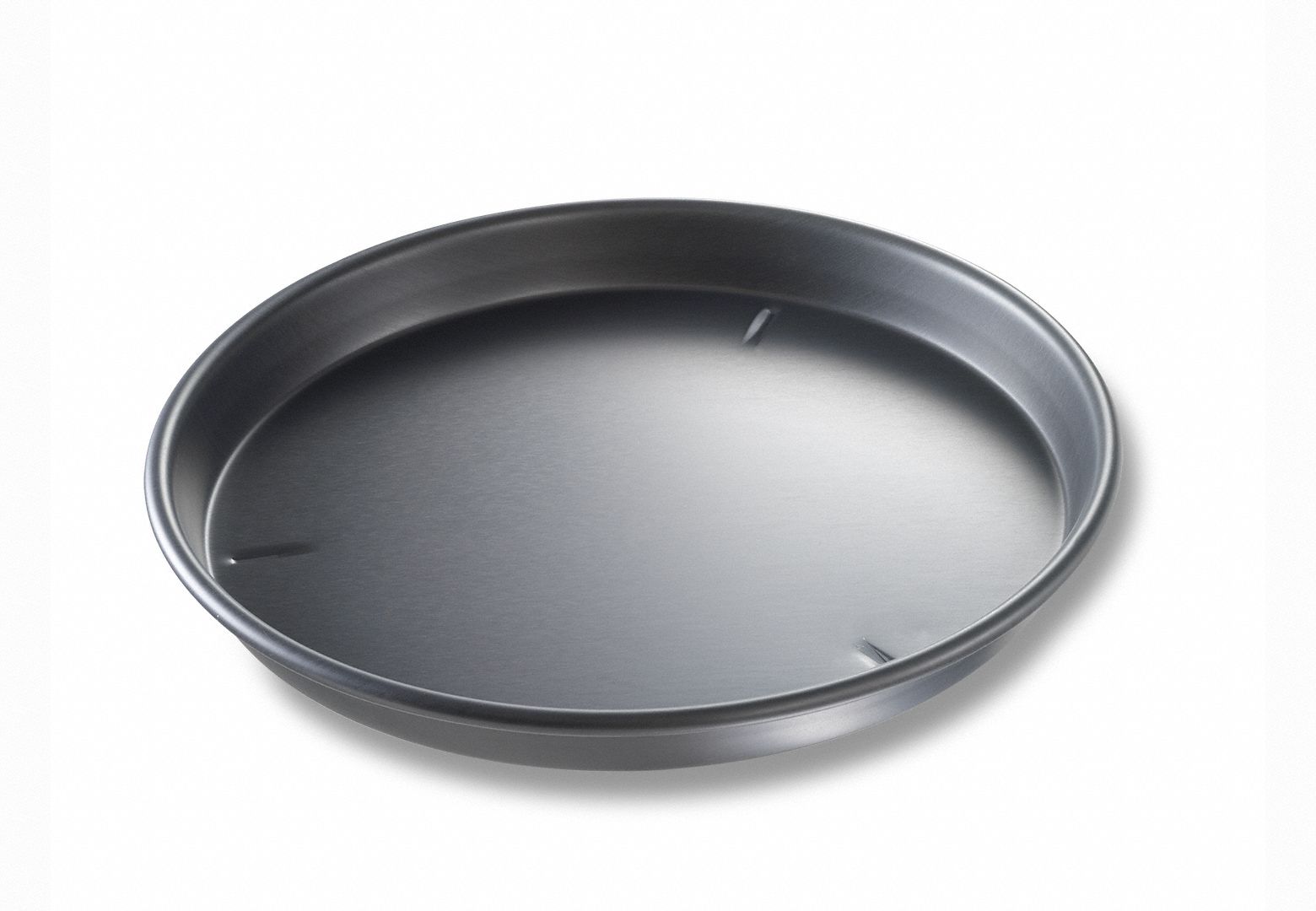 Pizza Pan: 14 in Overall Dia, Anodized Aluminum, Solid, 14 ga Gauge, Pre-Seasoned