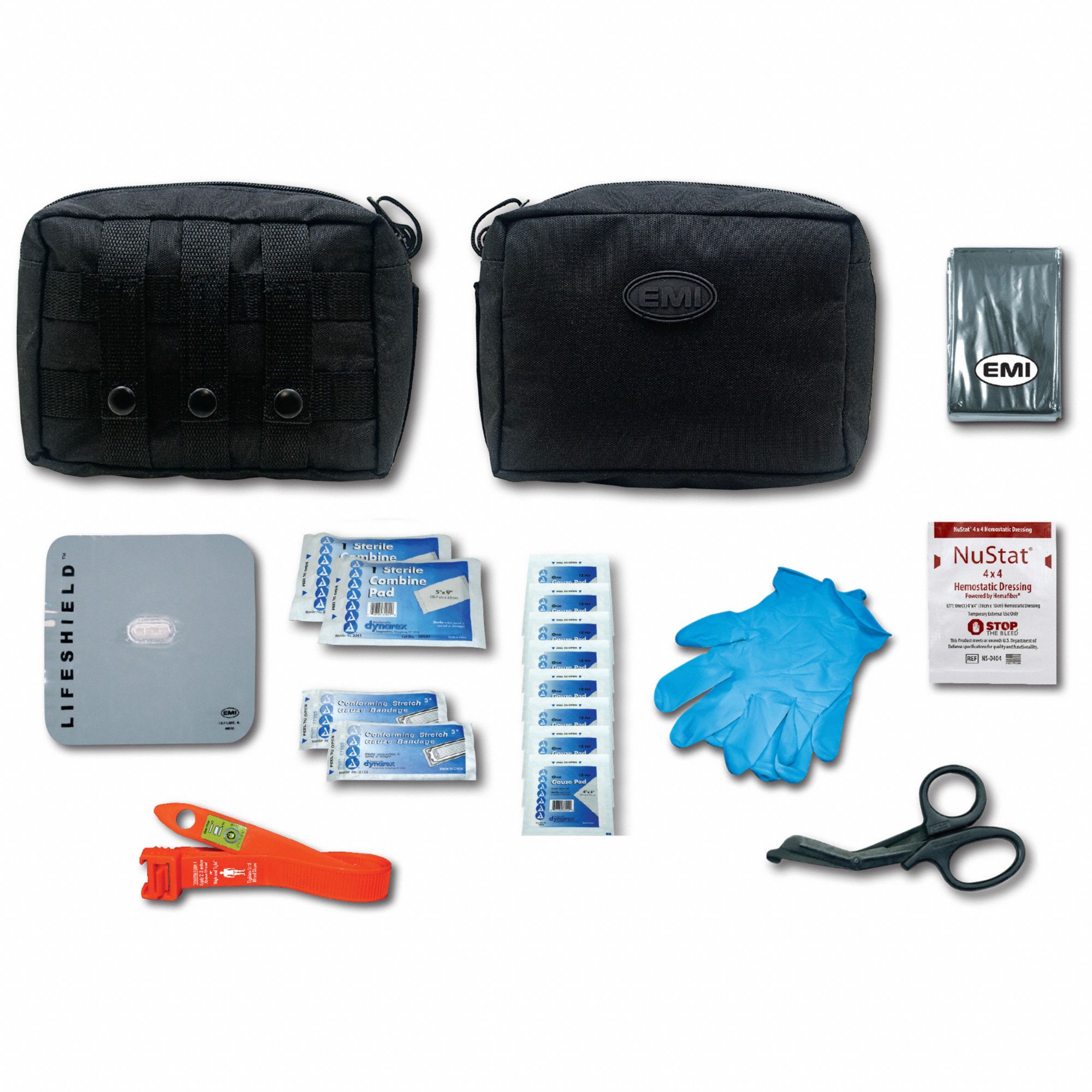 Bleed Aid Kit: 22 Components, Nylon, Pouch, Black, No Medication Included, Nylon