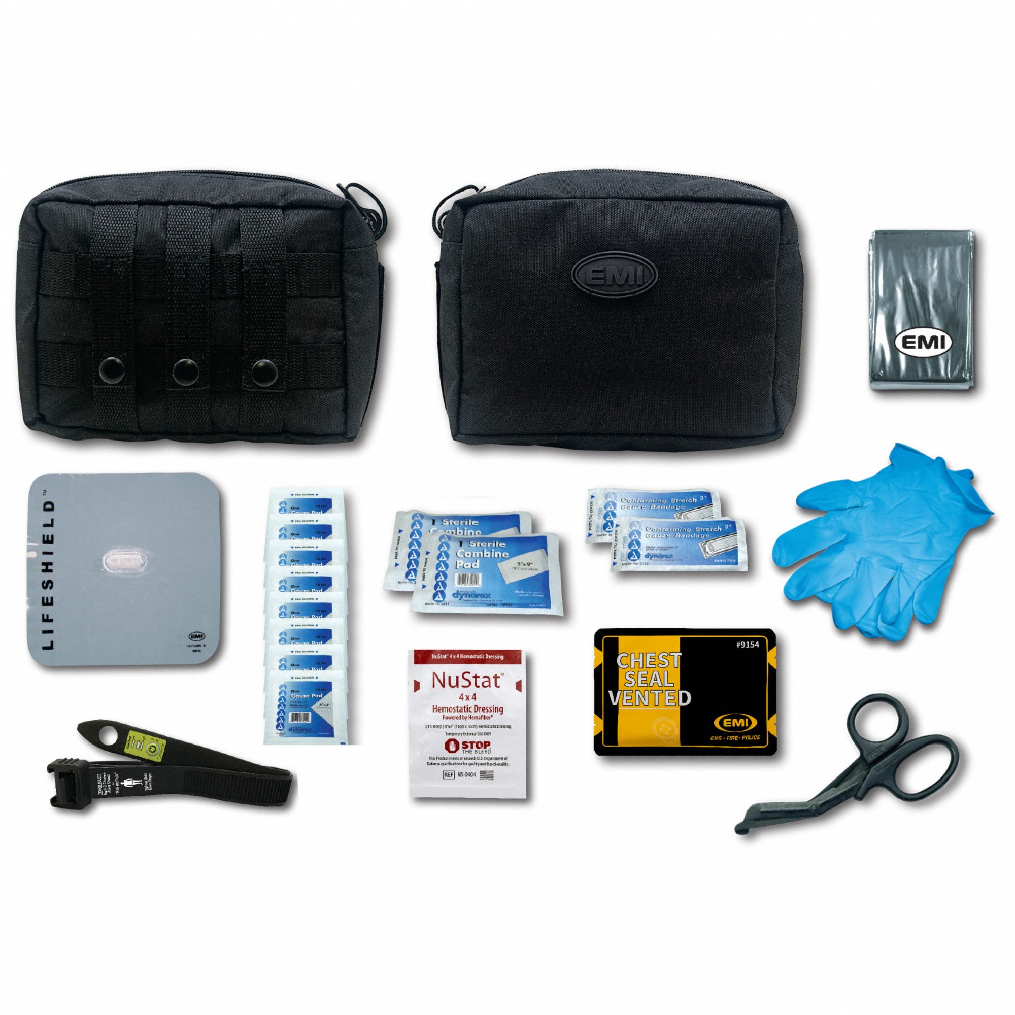 Bleed Aid Kit: 22 Components, Nylon, Pouch, Black, No Medication Included, Nylon