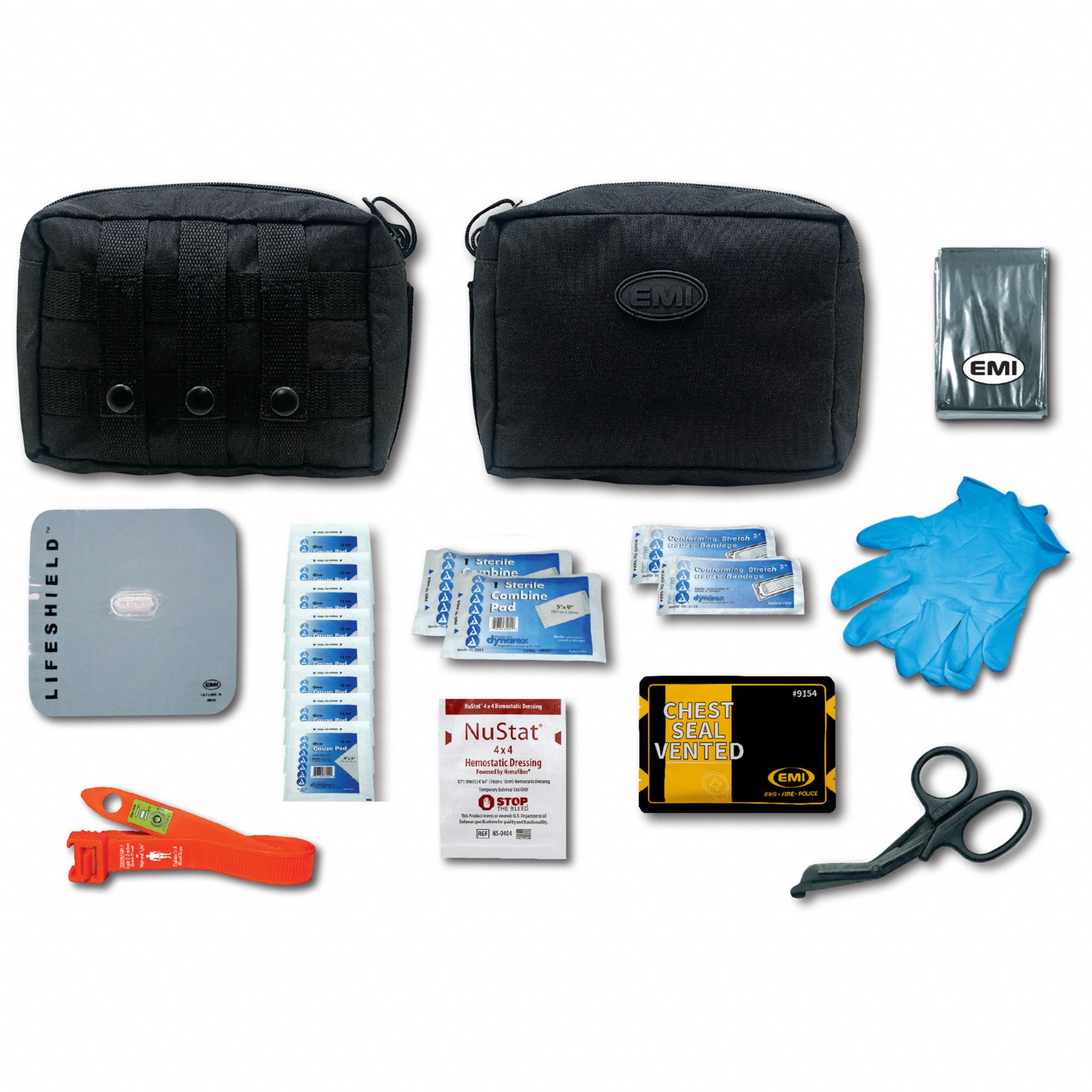 Bleed Aid Kit: 22 Components, Nylon, Pouch, Black, No Medication Included, Nylon