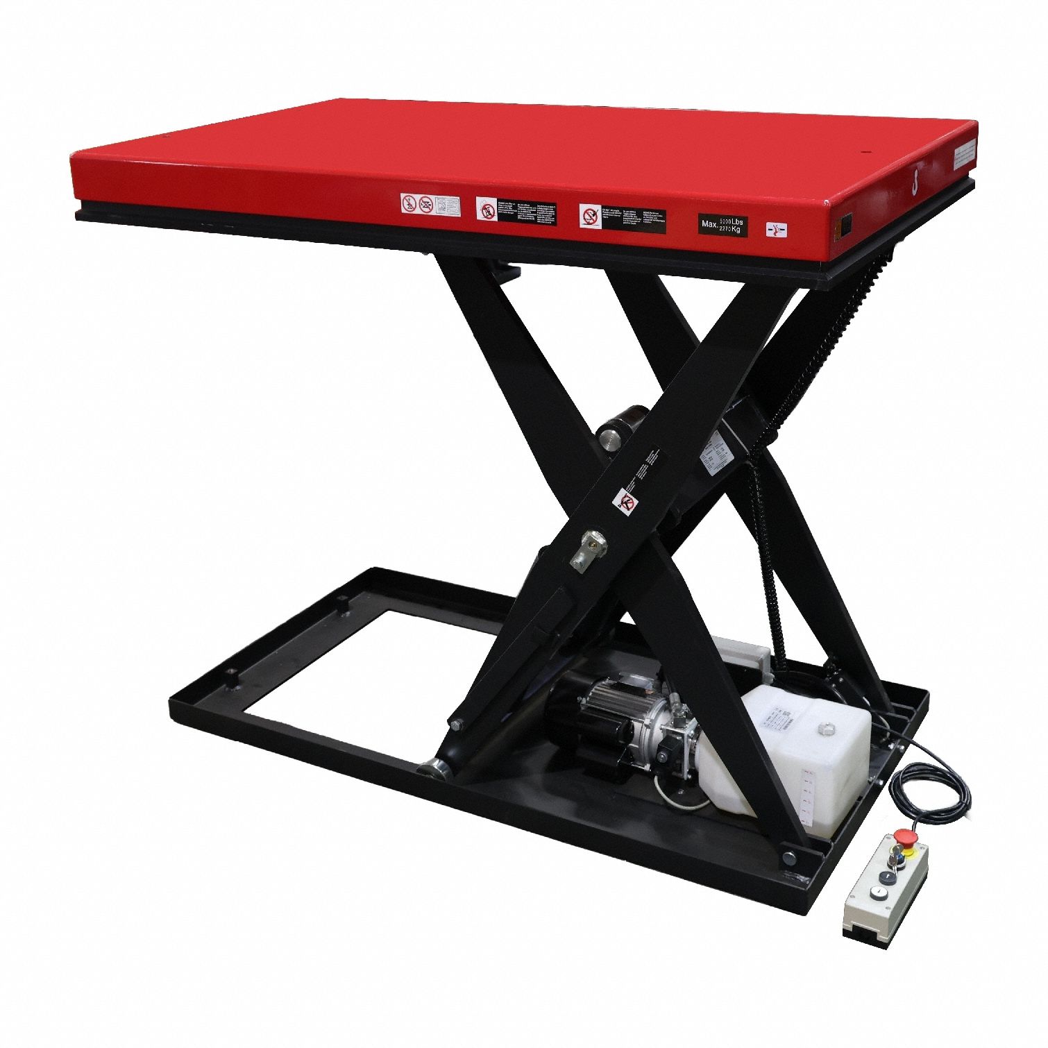 DAYTON Scissor Lift Table: Electric, 5,000 lb Load Capacity, 48 in Max Lifting Ht, 56 in Platform Lg (MPN 913MY4). Key specifications — attr925632: DAYTON; attr925651: 115V AC; attr925643: Hydraulic.
