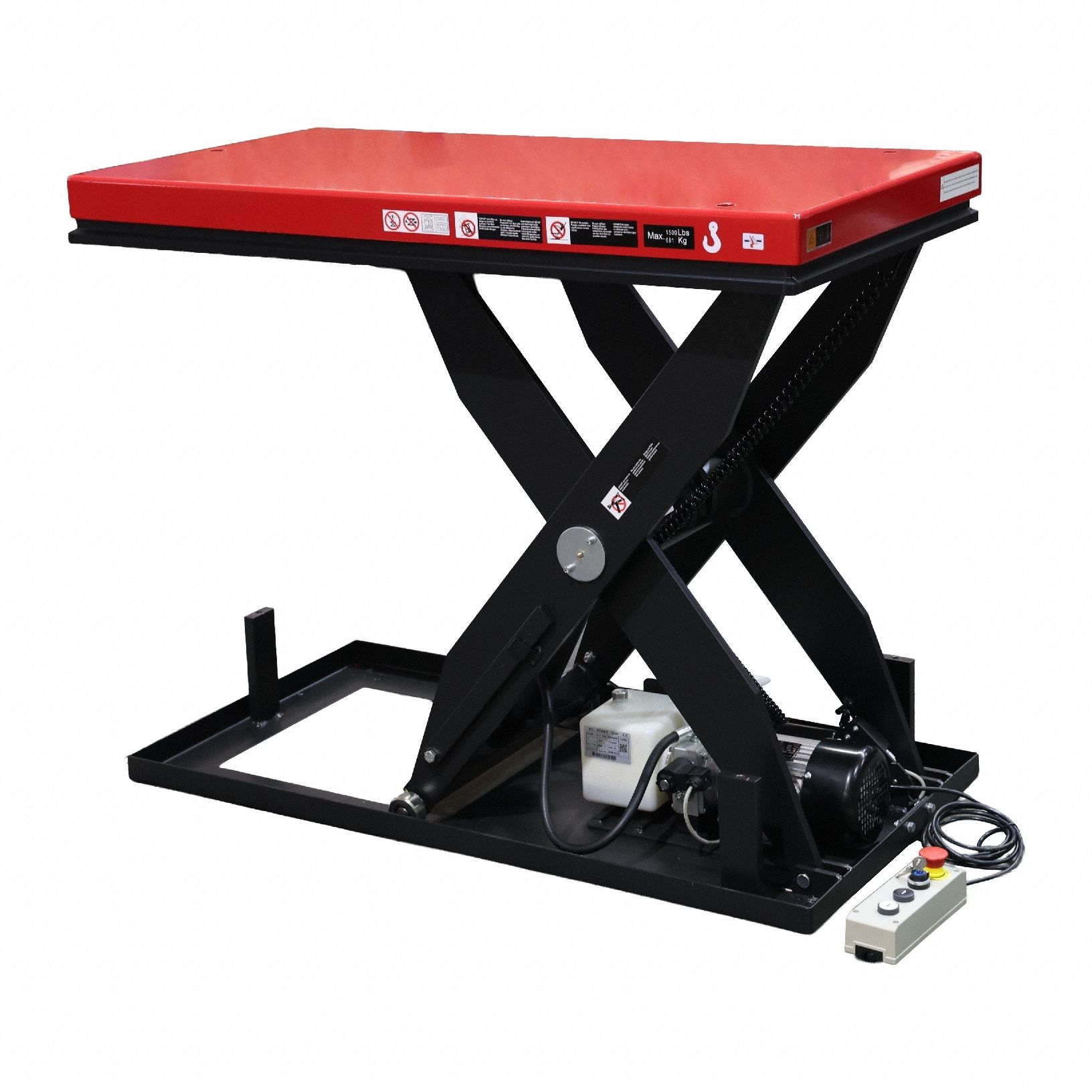 DAYTON Scissor Lift Table: Electric, 1,500 lb Load Capacity, 39 in Max Lifting Ht, 48 in Platform Lg (MPN 913MY6). Key specifications — attr925632: DAYTON; attr925651: 115V AC; attr925643: Hydraulic.