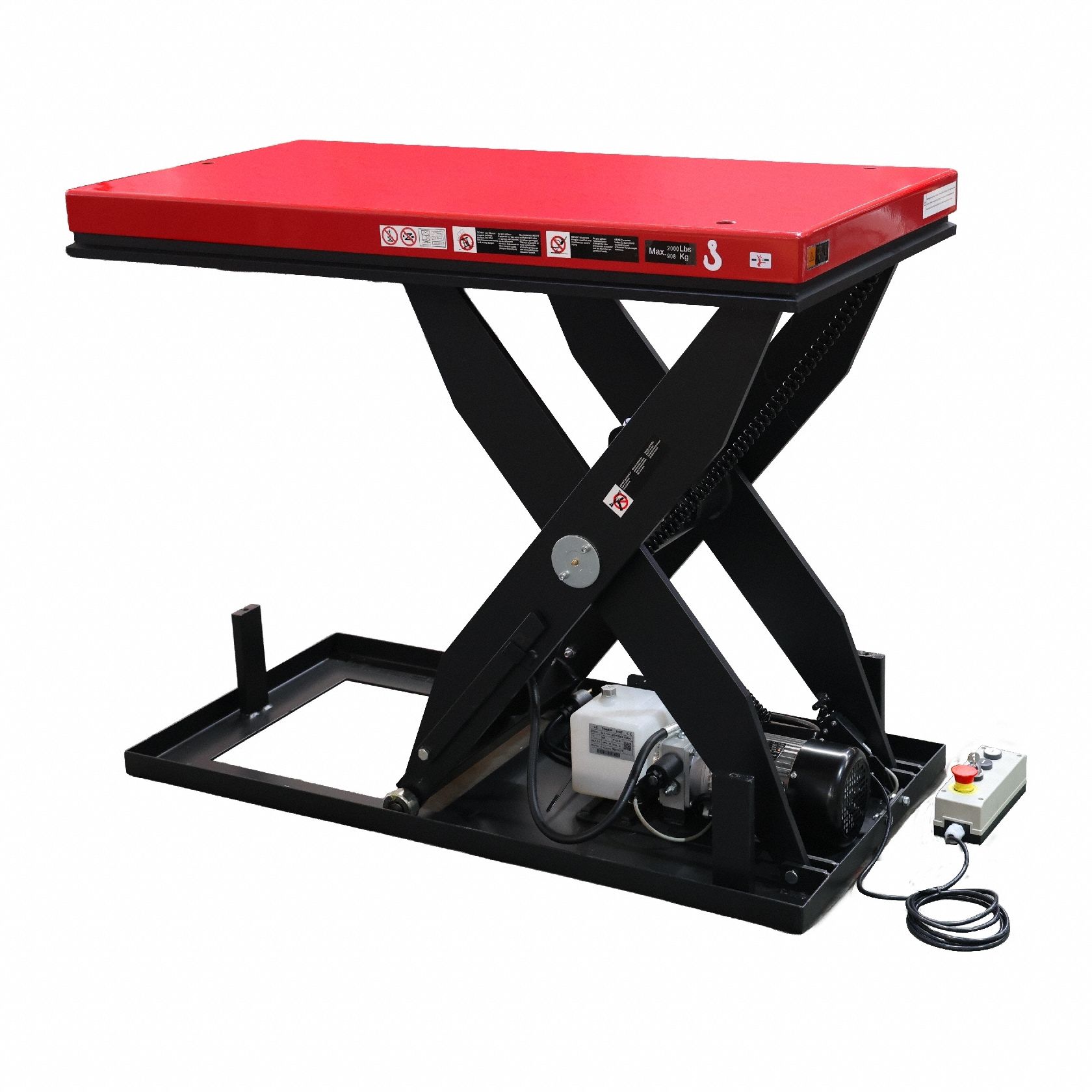 DAYTON Scissor Lift Table: Electric, 2,000 lb Load Capacity, 39 in Max Lifting Ht, 48 in Platform Lg (MPN 913MY7). Key specifications — attr925632: DAYTON; attr925651: 115V AC; attr925643: Hydraulic.