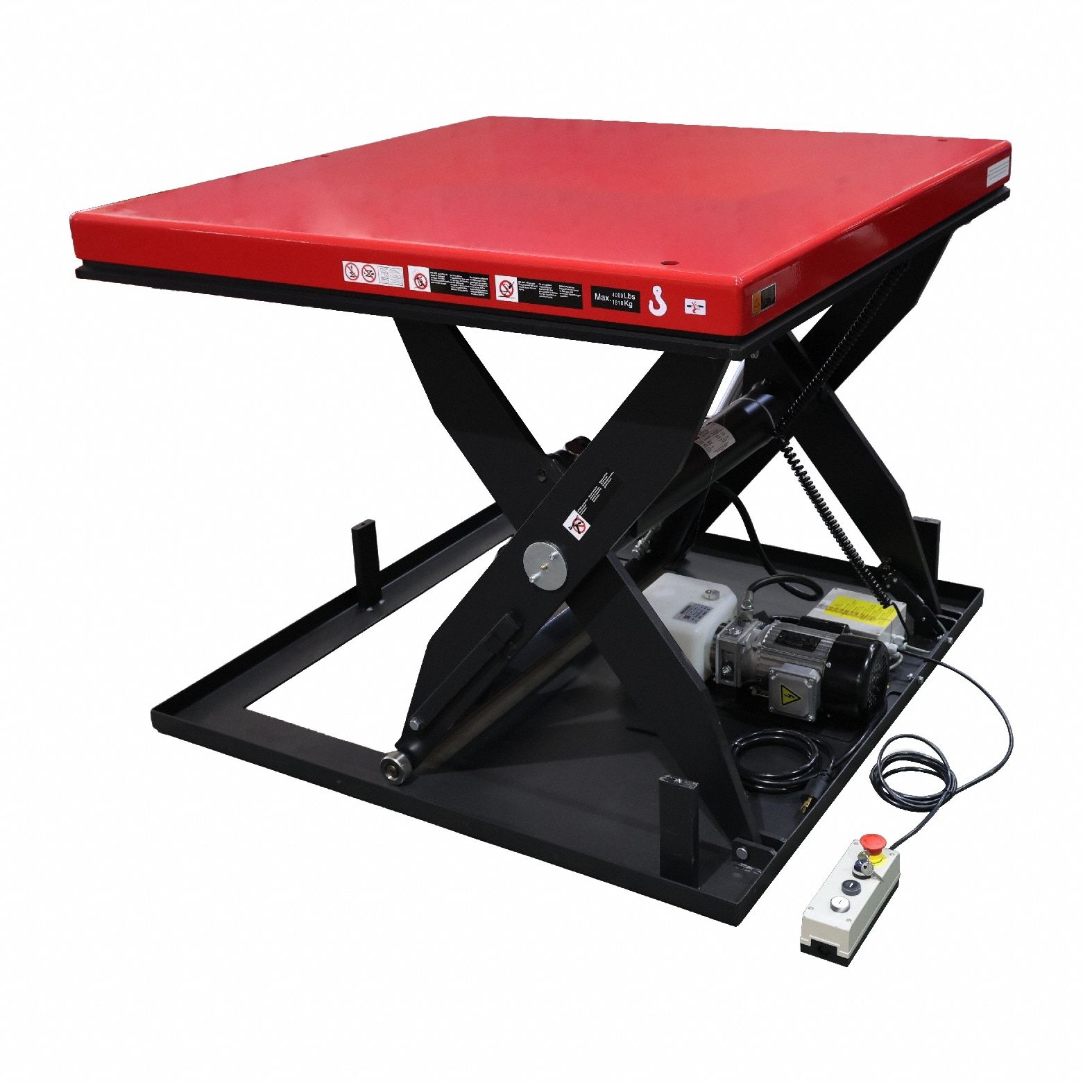 DAYTON Scissor Lift Table: Electric, 4,000 lb Load Capacity, 39 in Max Lifting Ht, 48 in Platform Lg (MPN 913MY9). Key specifications — attr925632: DAYTON; attr925651: 115V AC; attr925643: Hydraulic.