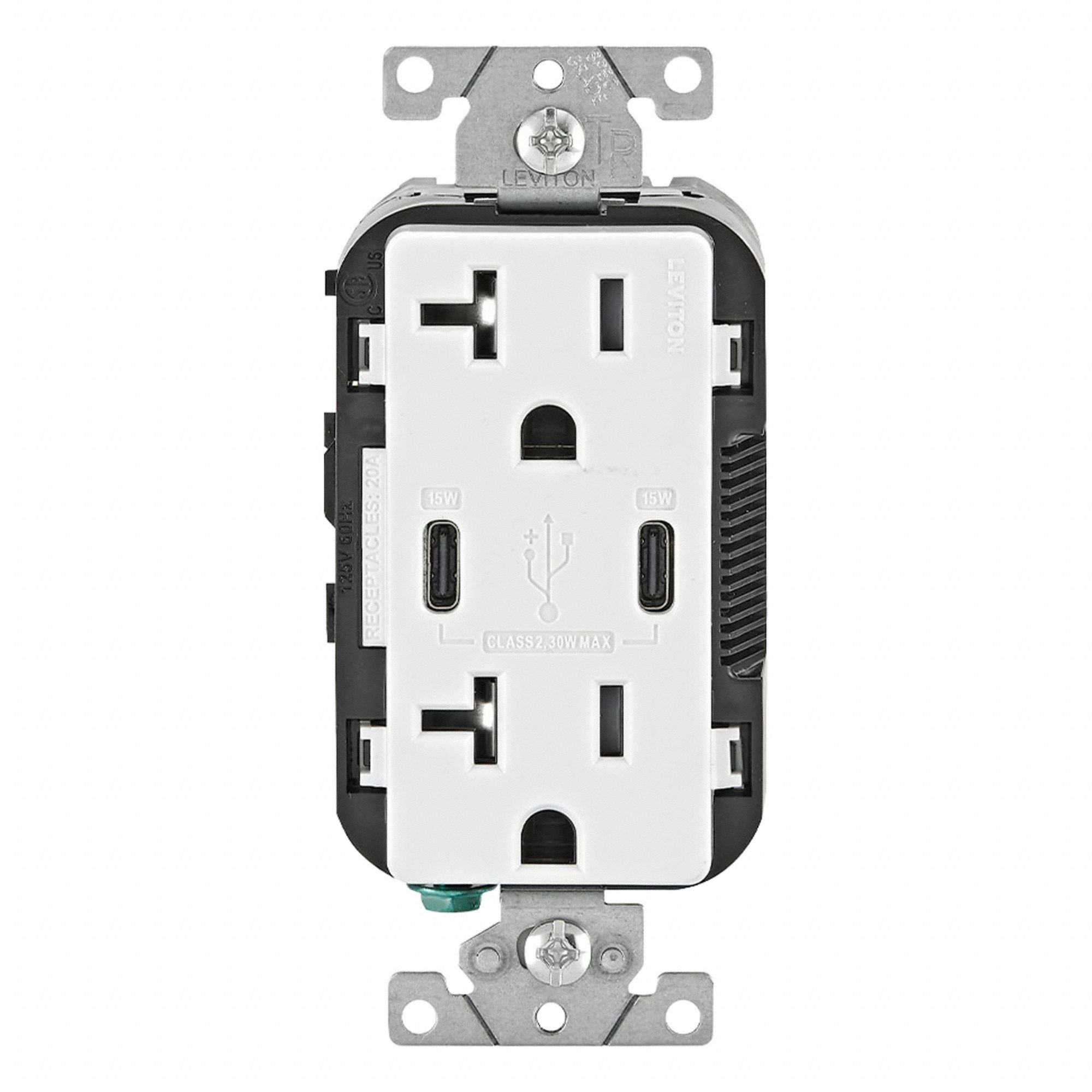 USB Receptacle: Decorator Duplex, 5-20R, USB Type C, White, 125V AC, 20 A (MPN T5837-W). Key specifications — Brand: LEVITON.