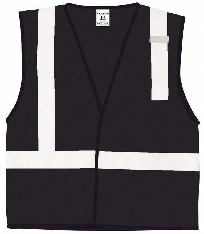 High-Visibility Vest: U, 2XL/3XL, Black, Mesh Polyester, Hook-and-Loop, Contrasting, Single