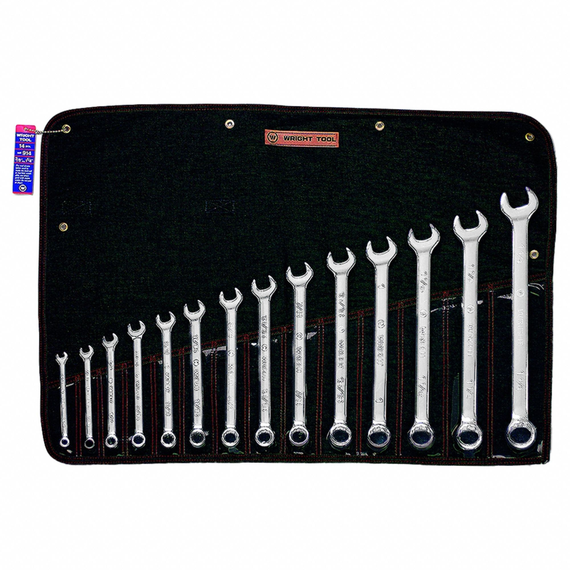 Wrench Set: Steel, Full Polish, 14 Tools, 14 Range of Head Sizes, 15° Head Offset Angle, Std
