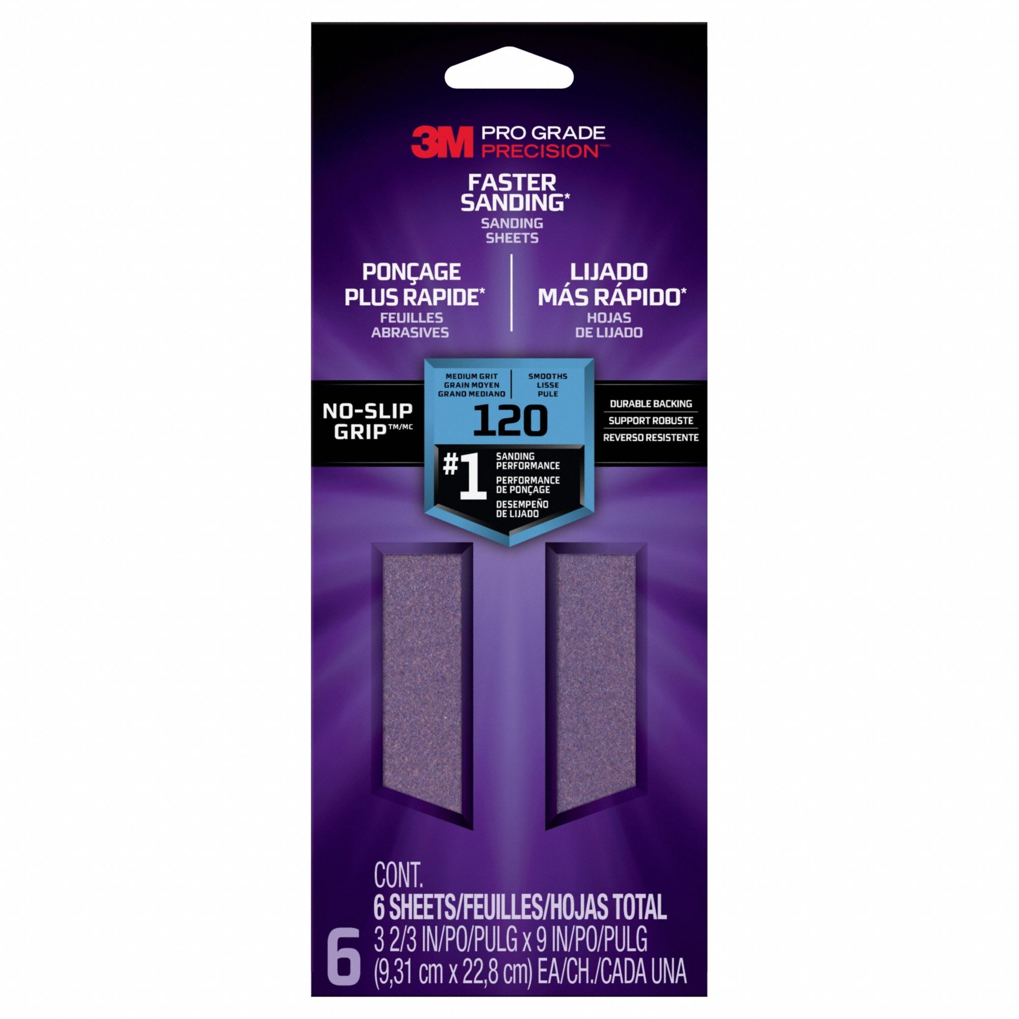 Sanding Sheet: 3 11/16 in W x 9 in L, Ceramic, 120 Grit, Paper, Pro Grade Precision, 6 PK