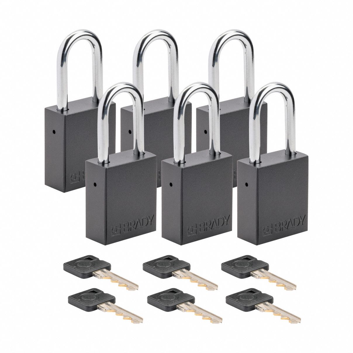 Lockout Padlock: Keyed Alike, Aluminum, Std Body Body Size, Steel, Std, Black, 6 Pack Size
