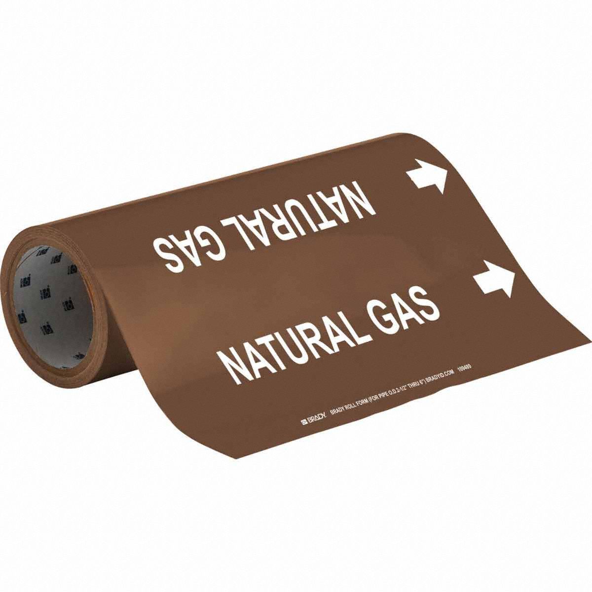 Pipe Marker: Natural Gas, Brown, White, Fits 2 1/2 to 6 in Pipe O.D., 30 Pipe Markers, With Arrows