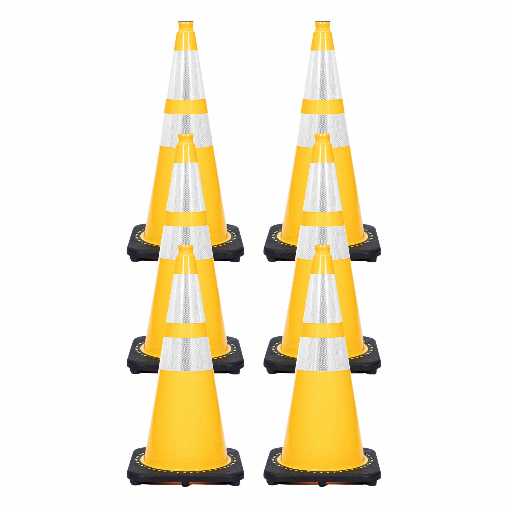 Rubber Base, PVC, Reflective Yellow, Plastic Chain, Cone Connector: Not Approved for Roadway Use