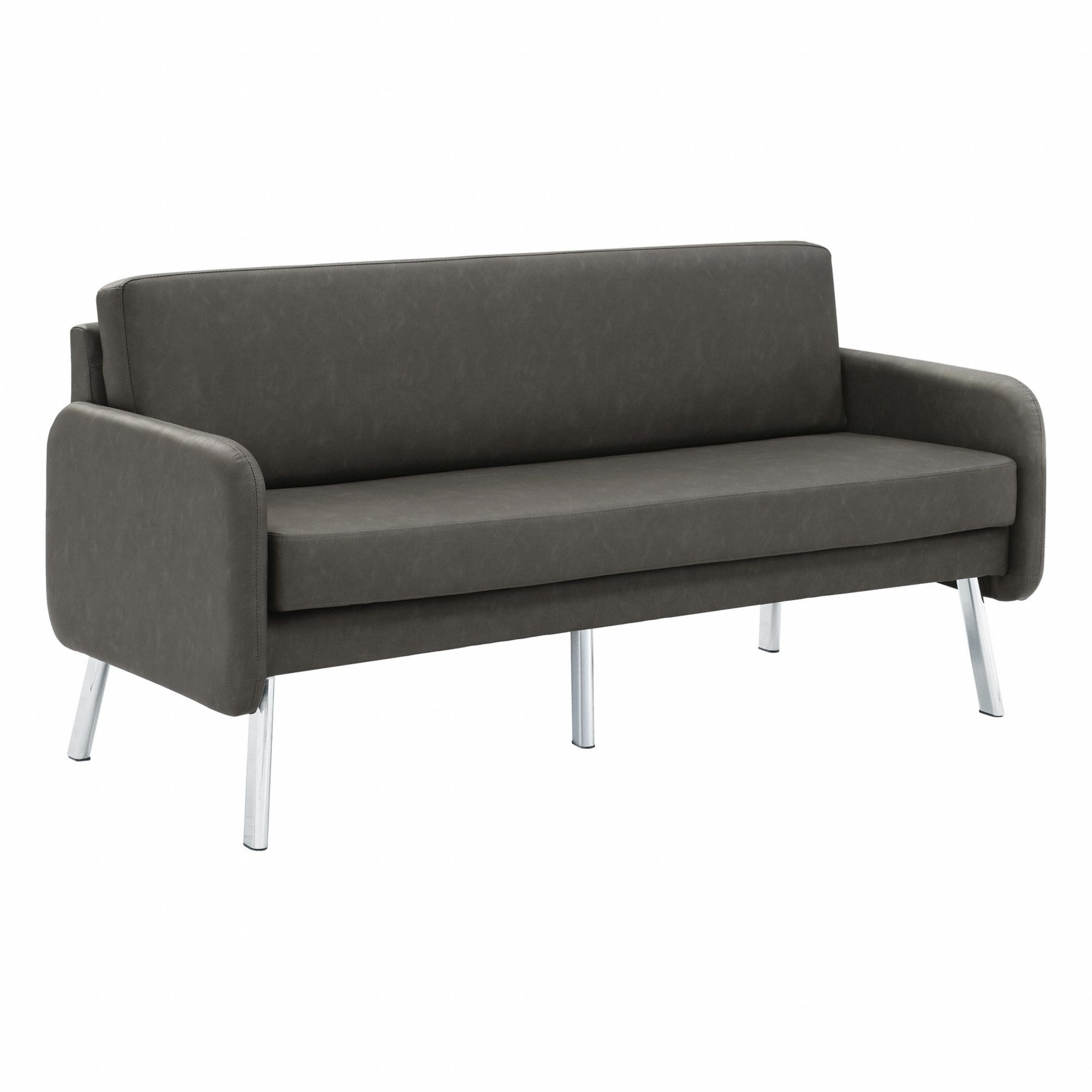 Sofa: Gray, Silver, Faux Leather, Metal, 58 in Seat Wd, 18 1/2 in Seat Dp
