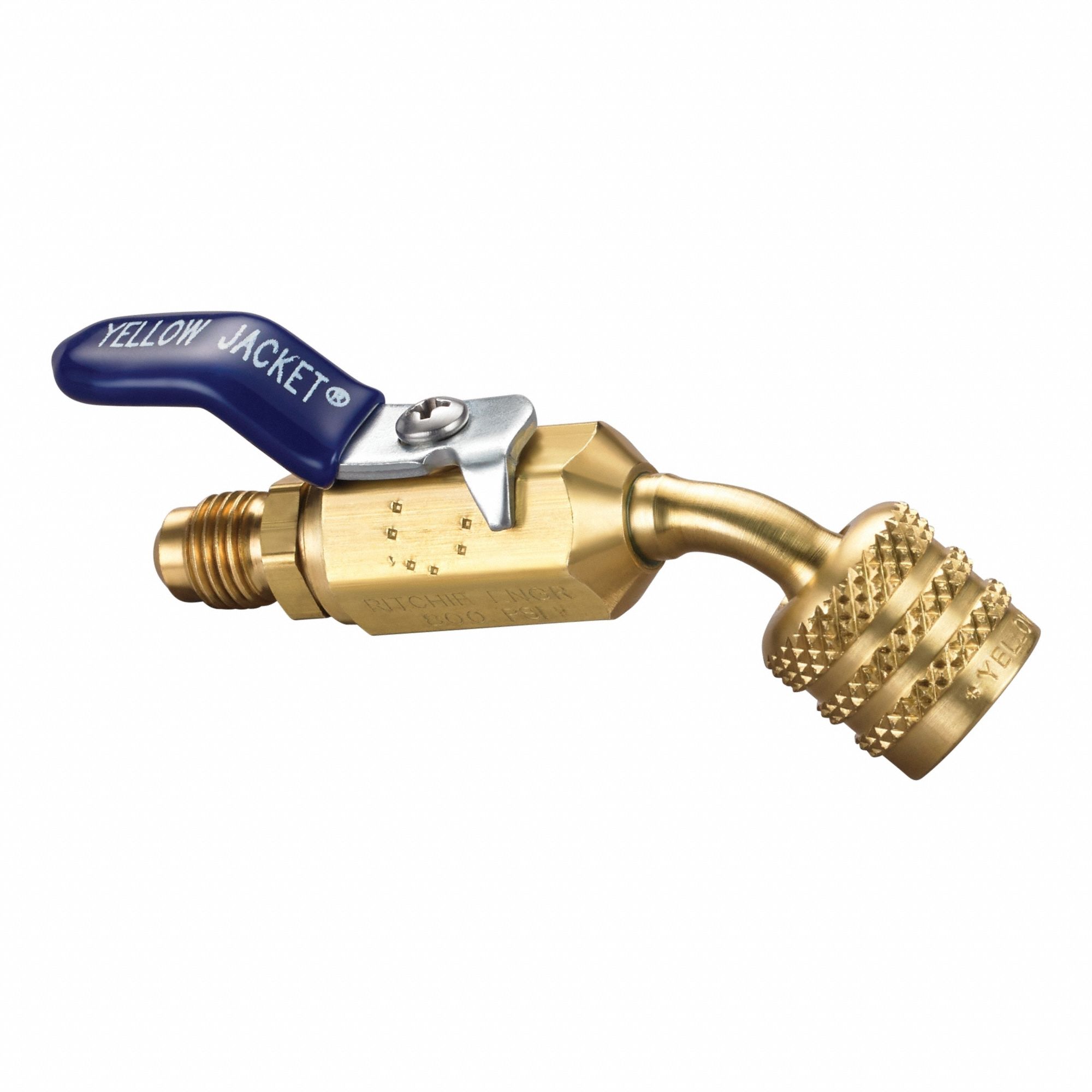 Adapter Ball Valve: 4 in Lg, 45° Angle, Input 1/4 in Male Flare Right-Hand