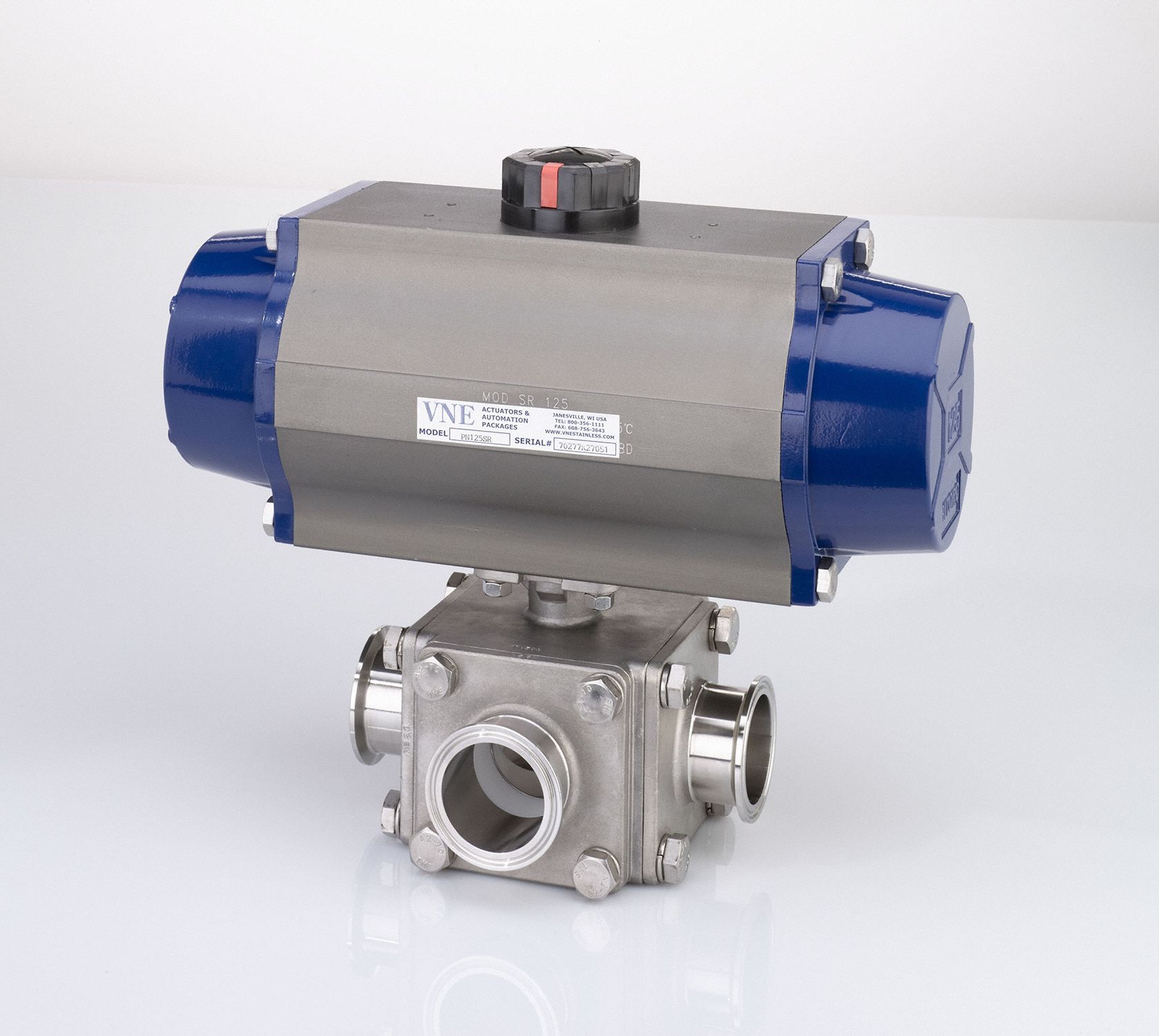 VNE Pneumatically Actuated Three-Way Ball Valve: 1/2 in, 316 Stainless  Steel, Clamp x Clamp x Clamp
