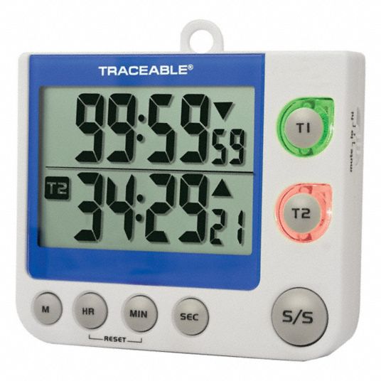 TRACEABLE Dual Channel Timer: 99 hr 59 min 59 sec Max., 1 sec Min. Time Setting, Dual LCD, AAA