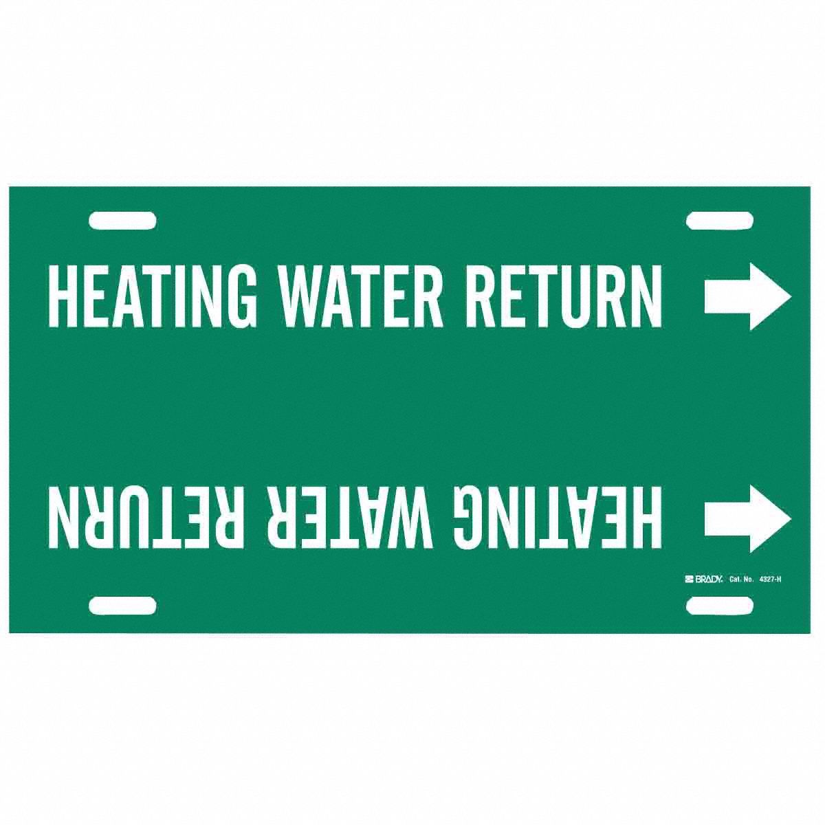 Pipe Marker: Heating Water Return, Green, White, Fits 10 to 15 in Pipe O.D., 1 Pipe Markers
