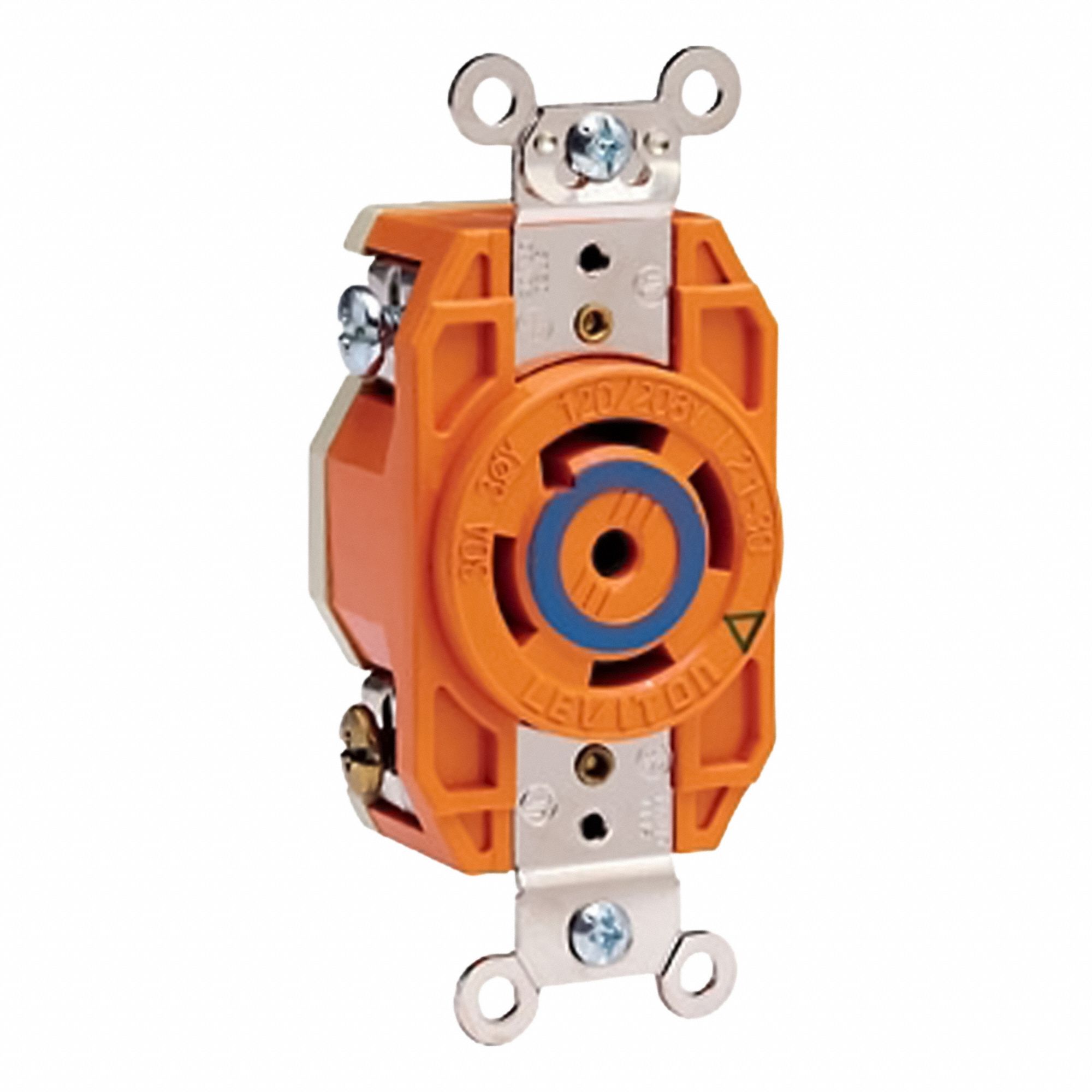Flush Mounting Lock Receptacle: L21-30R, 30 A, 120/208V AC, Orange, 4 Poles, Shrouded