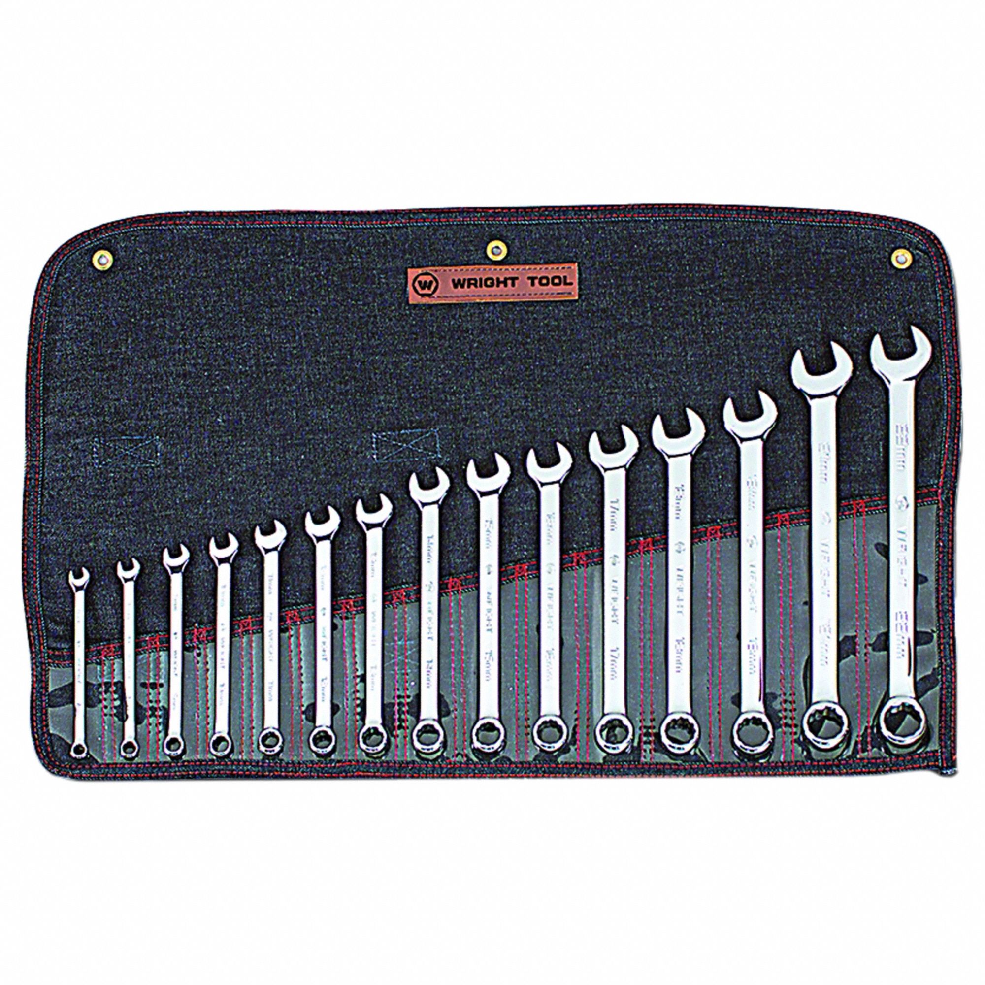 Wrench Set: Steel, Full Polish, 15 Tools, 15 Range of Head Sizes, 15° Head Offset Angle, Std
