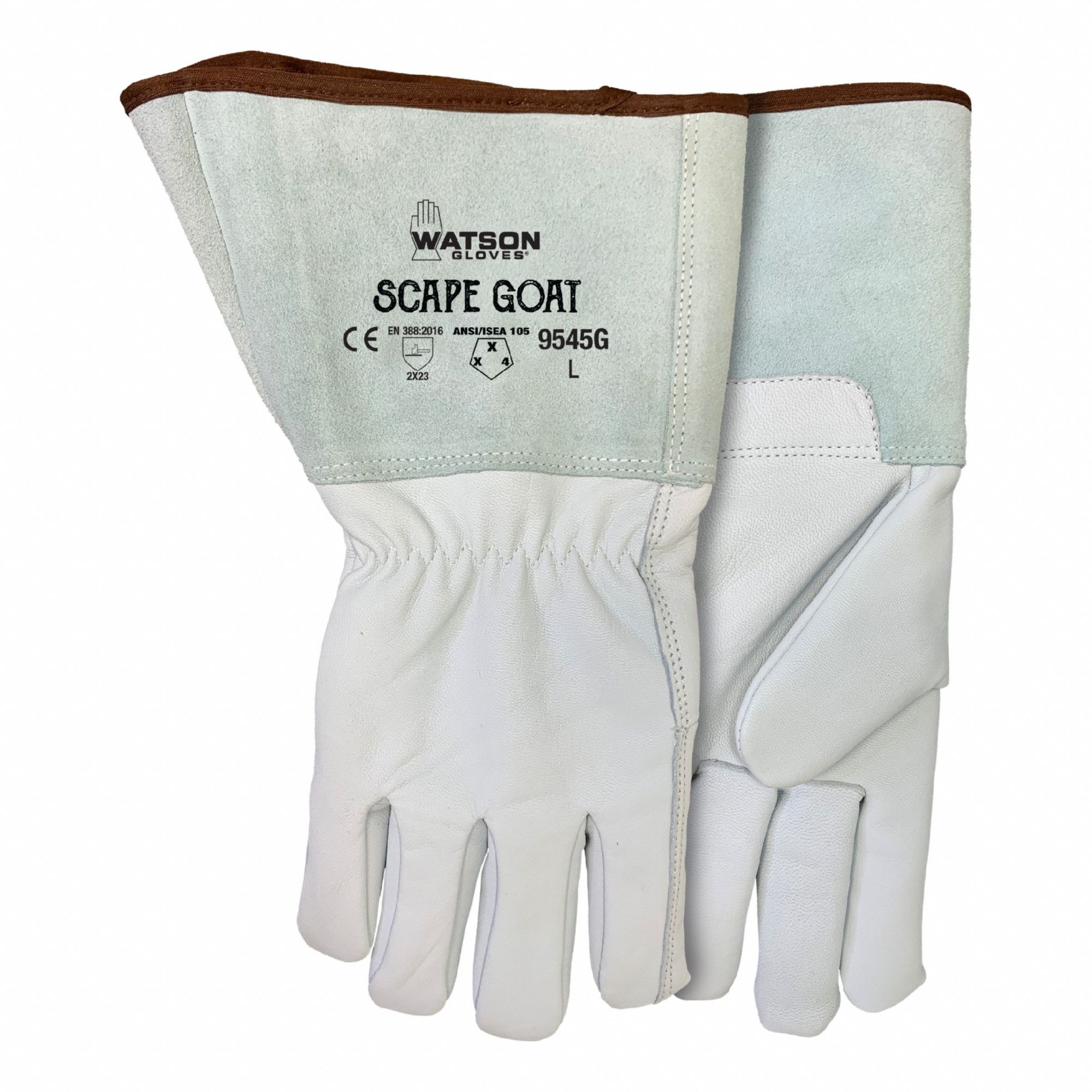 Welding Gloves: Inset Thumb, Gauntlet Cuff, Std, White Goatskin, Watson Gloves 9545G, 1 PR