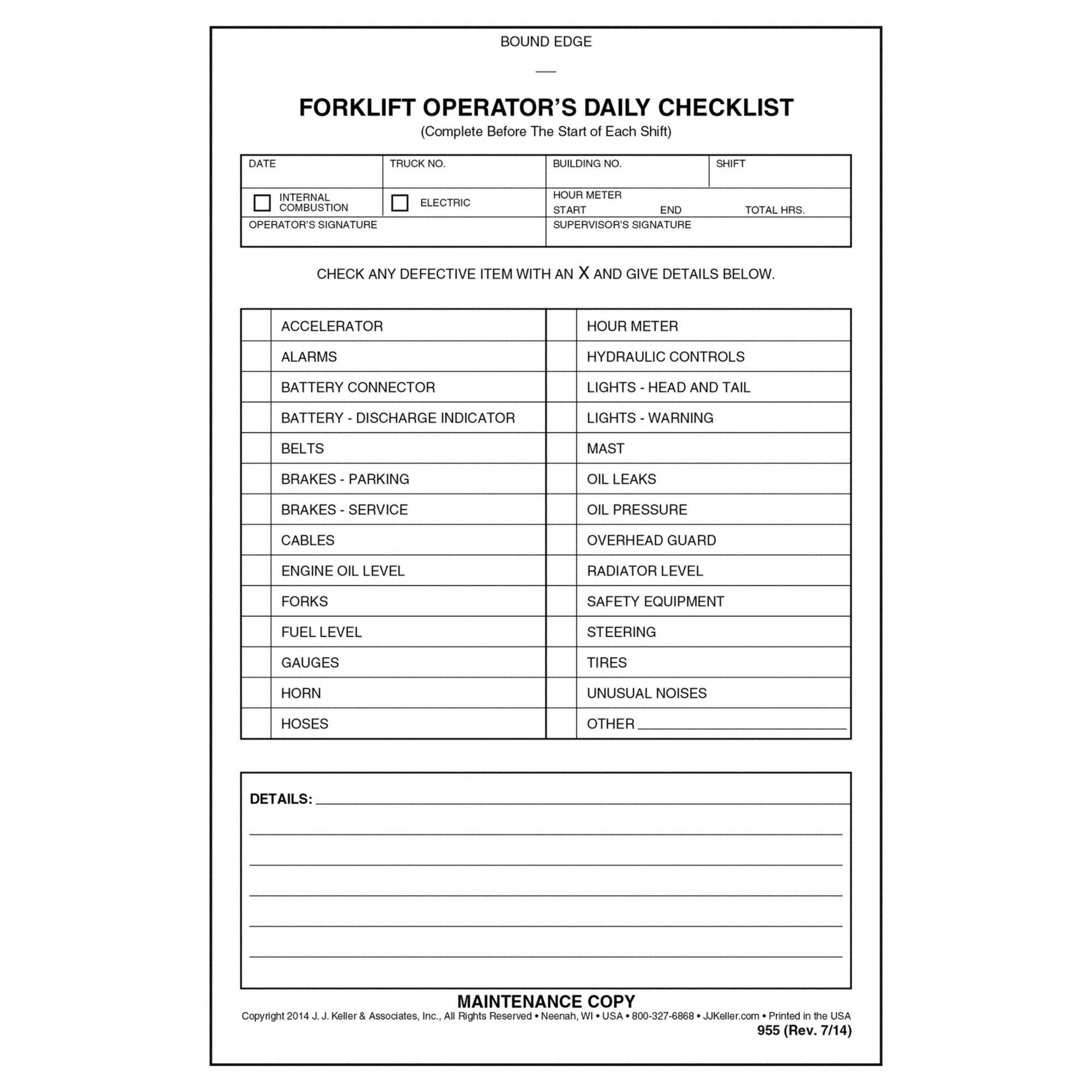 Forklift Inspection Book: Operator Daily Checklist, (31) Checklists per book