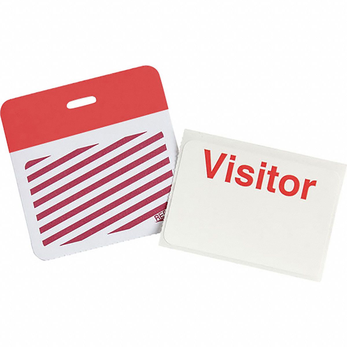 Card Clip On Badge: Visitor, Vinyl, Red, 2 in Card Ht, 3 in Card Wd, 500 PK