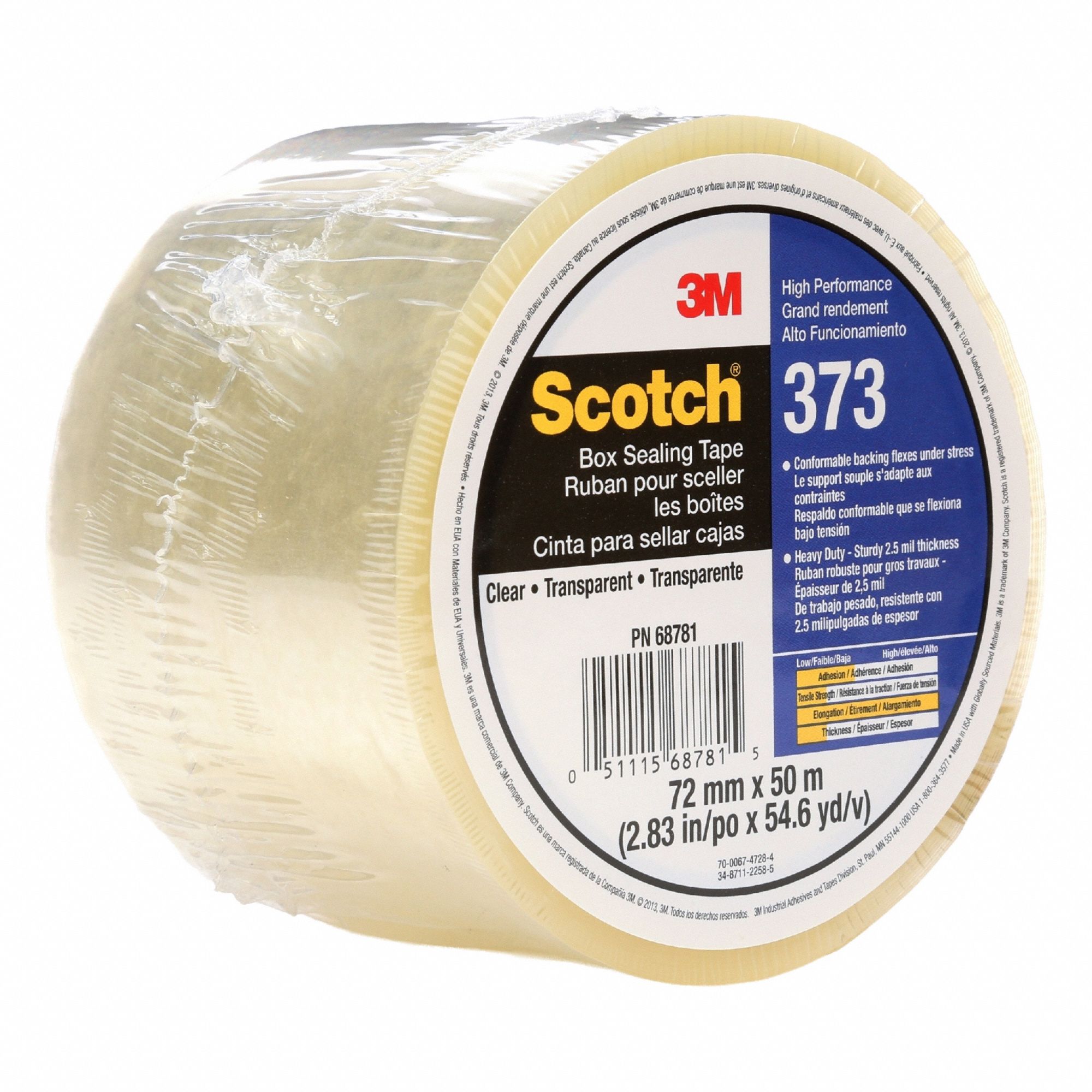 Carton Sealing Tape: 2.5 mil Tape Thick, 3 in x 55 yd, 373