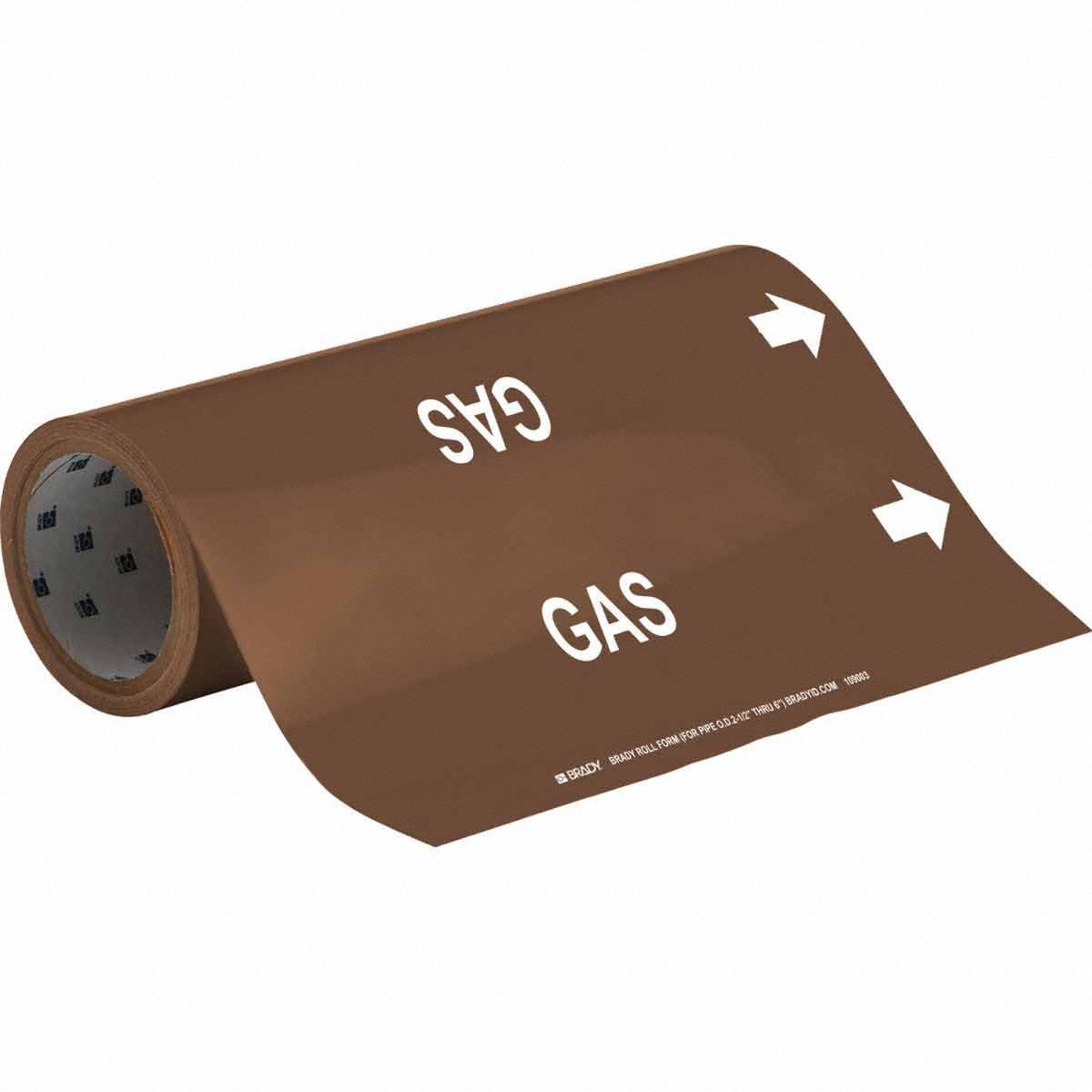Pipe Marker: Gas, Brown, White, Fits 2 1/2 to 6 in Pipe O.D., 30 Pipe Markers, With Arrows