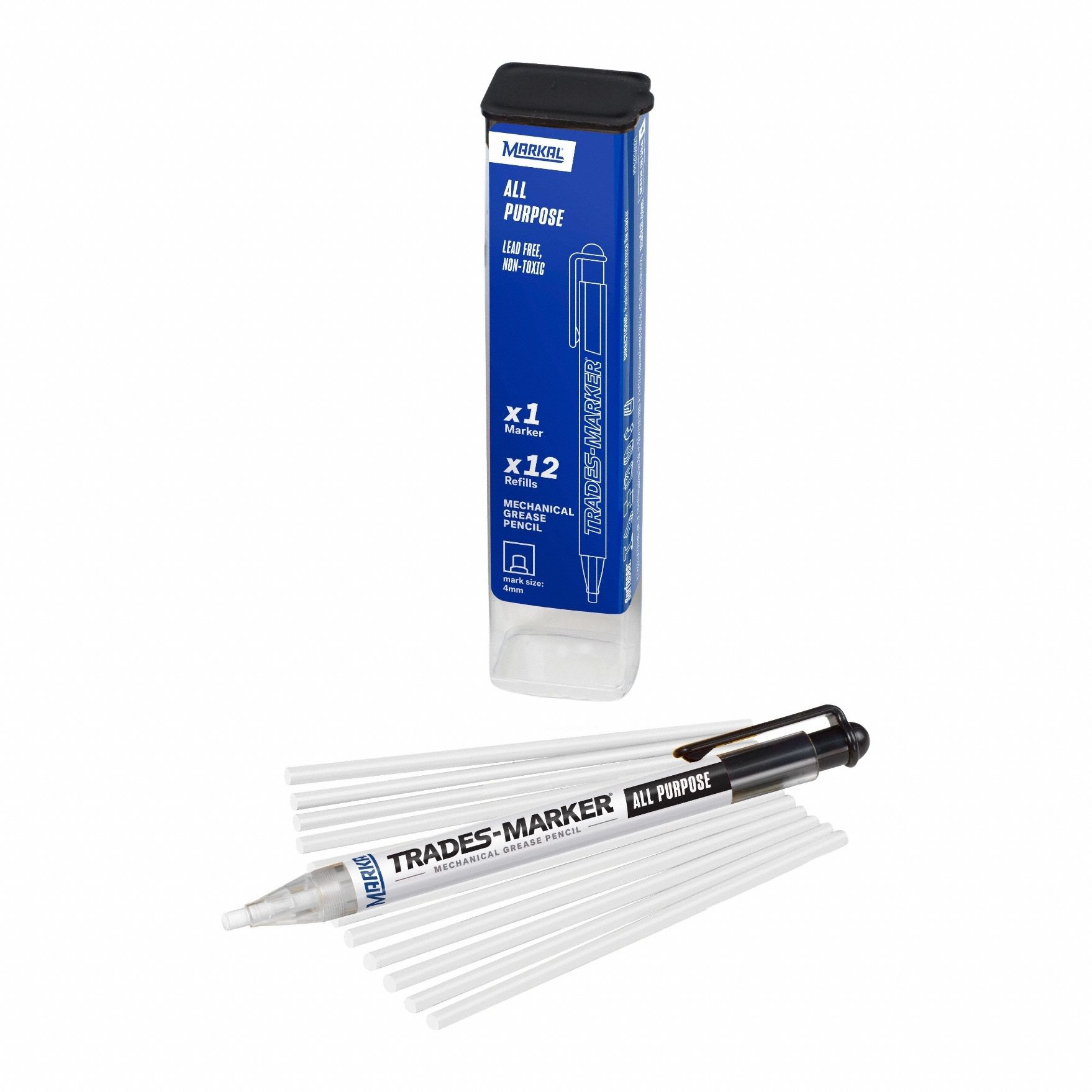 Solid Paint Marker: Solid Paint Marker, 3 mm Tip Wd, Flat, White, Wax, Grease Pencil Core