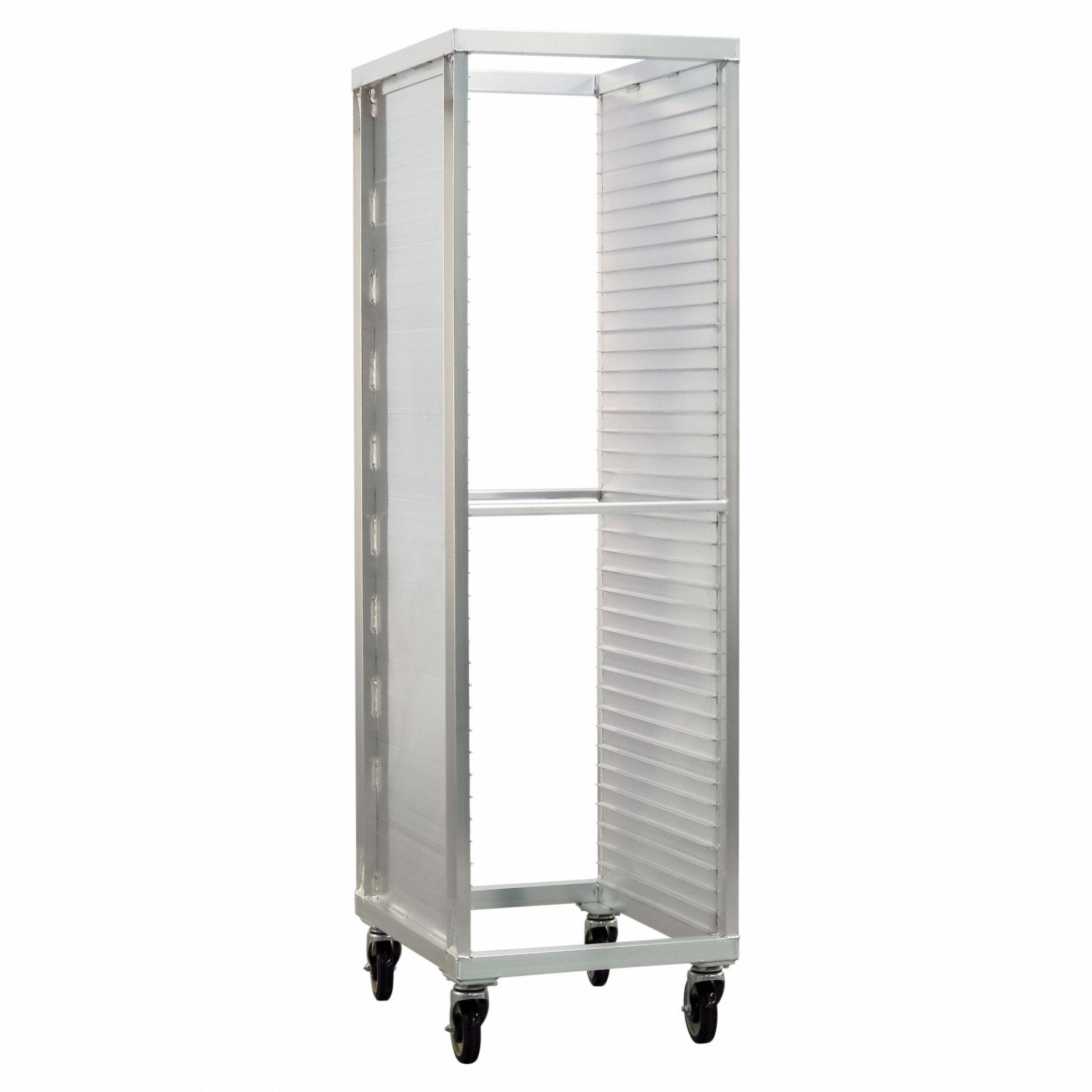 Heavy Duty Enclosed Transport Pan Rack: 39 Slots, 1 1/2 in Betw Shelves, Aluminum
