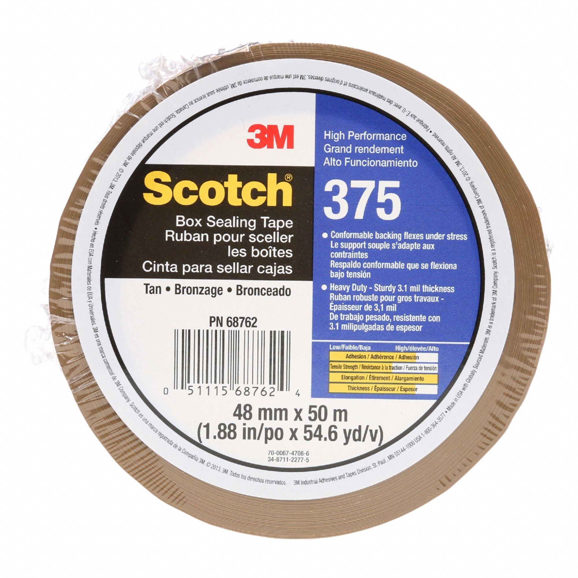 Carton Sealing Tape: 3.1 mil Tape Thick, 2 in x 55 yd, 375
