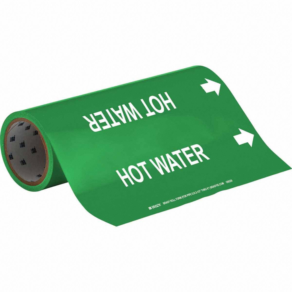 Pipe Marker: Hot Water, Green, White, Fits 2 1/2 to 6 in Pipe O.D., 30 Pipe Markers, With Arrows