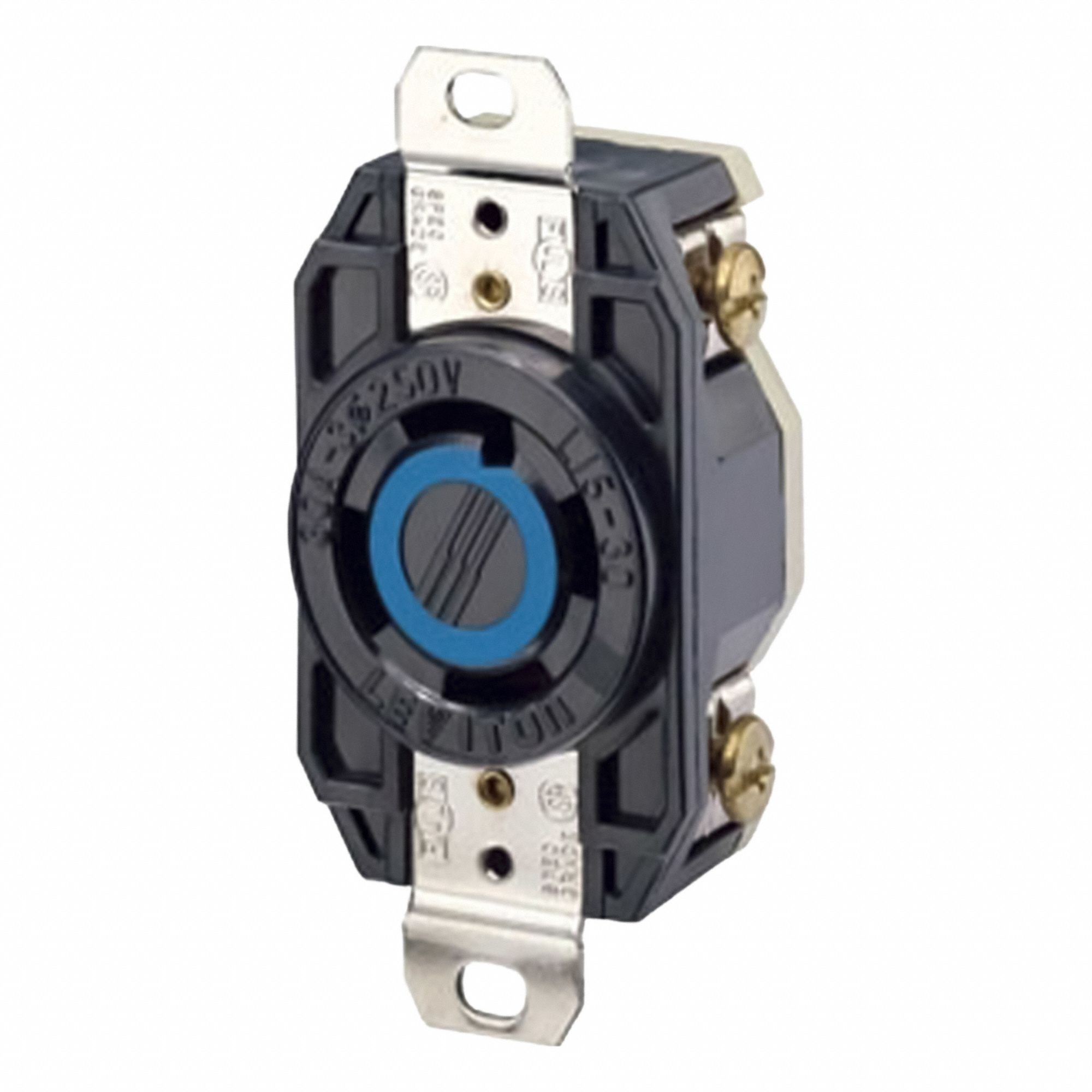 Flush Mounting Lock Receptacle: L15-30R, 30 A, 250V AC, Black, 3 Poles, Shrouded