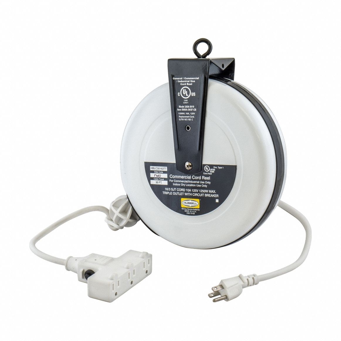 Extension Cord Reel: Ratchet Lock, 30 ft Cord Lg, 16 AWG, SJT, 5-15P