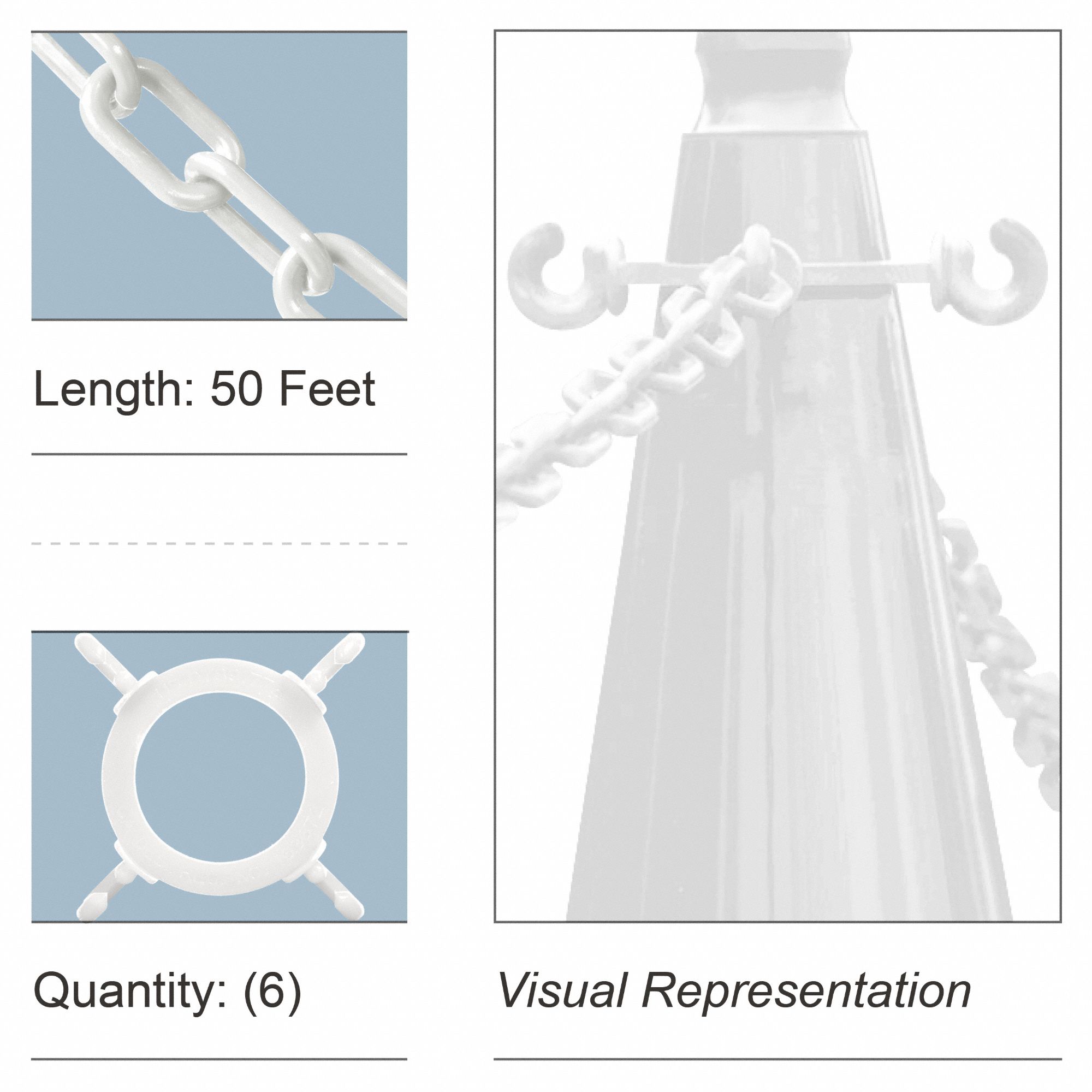 Cone Connector, Chain, 50 ft., White: Non-Reflective, Non-Reflective, Blank, 1 3/8 in Ht, White