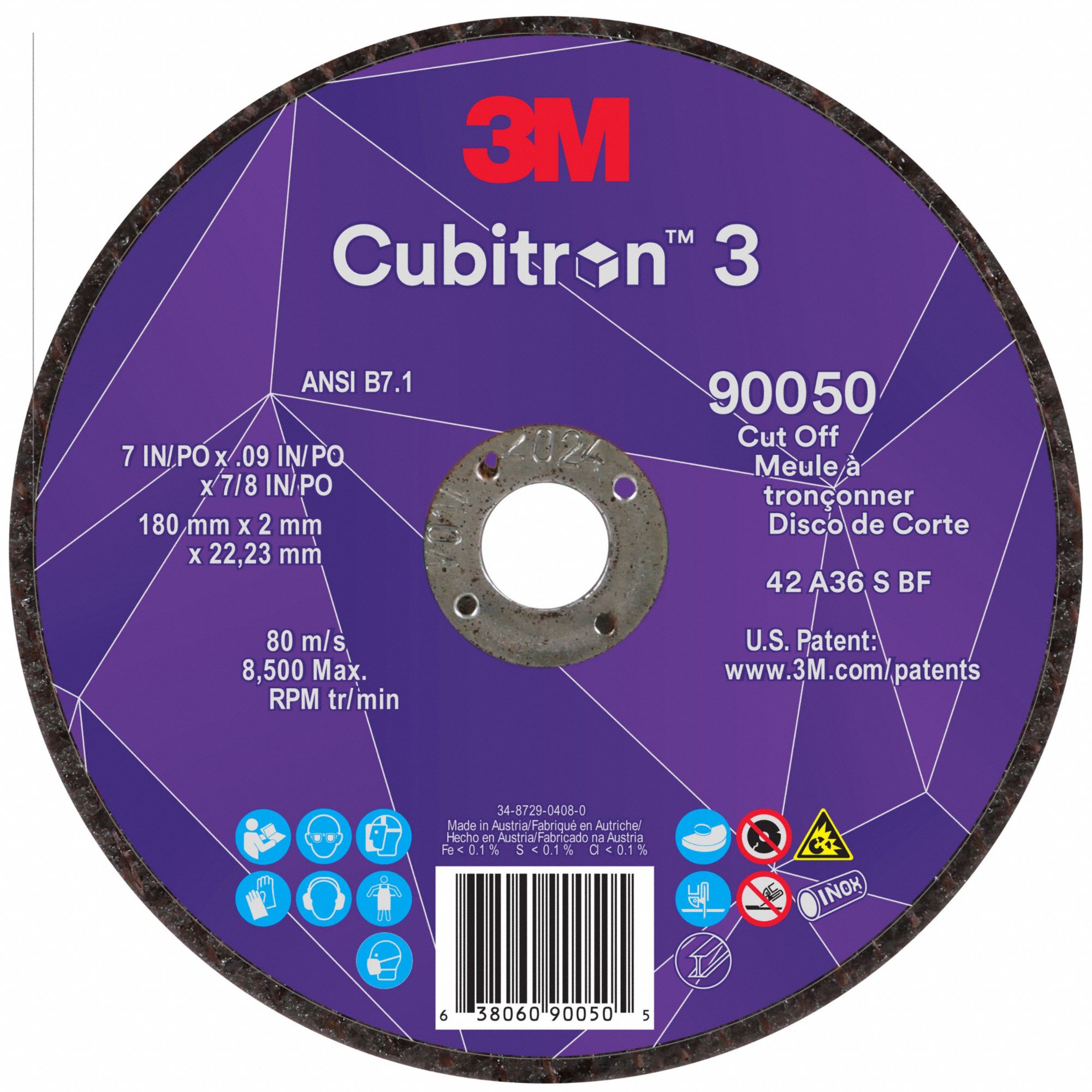 Cut-Off Wheel: Type 27, 7" x 0.09" x 7/8", Ceramic, 36 Grit