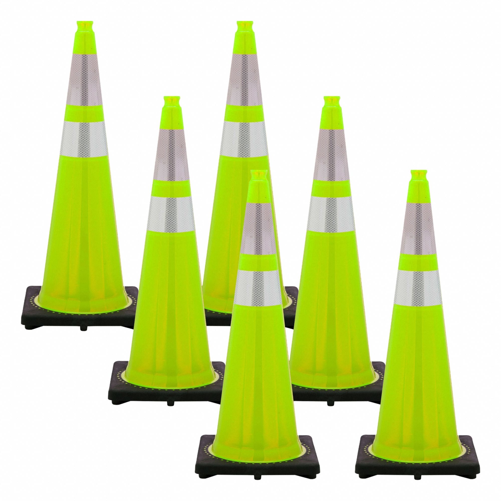 Rubber Base, PVC, Safety Green, Cone, Top Gripper, Reflective: Reflective, 36 in Cone Ht, Green