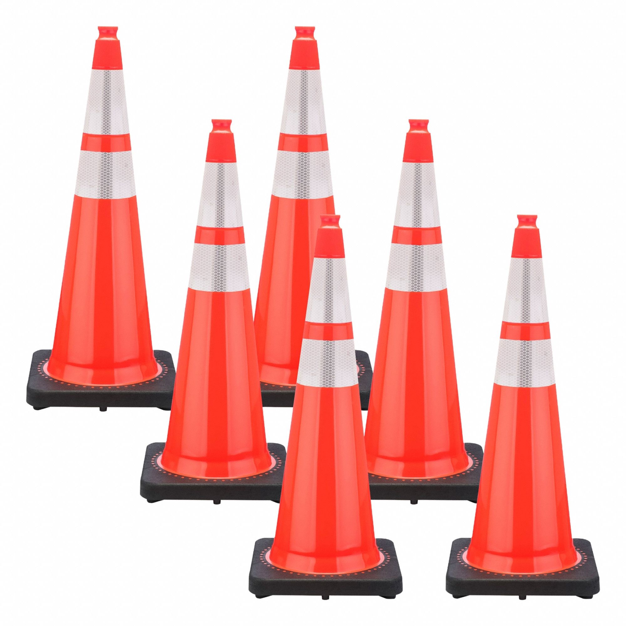 Rubber Base, PVC, Traffic Orange, Cone, Top Gripper, Reflective: Reflective, 36 in Cone Ht, Orange