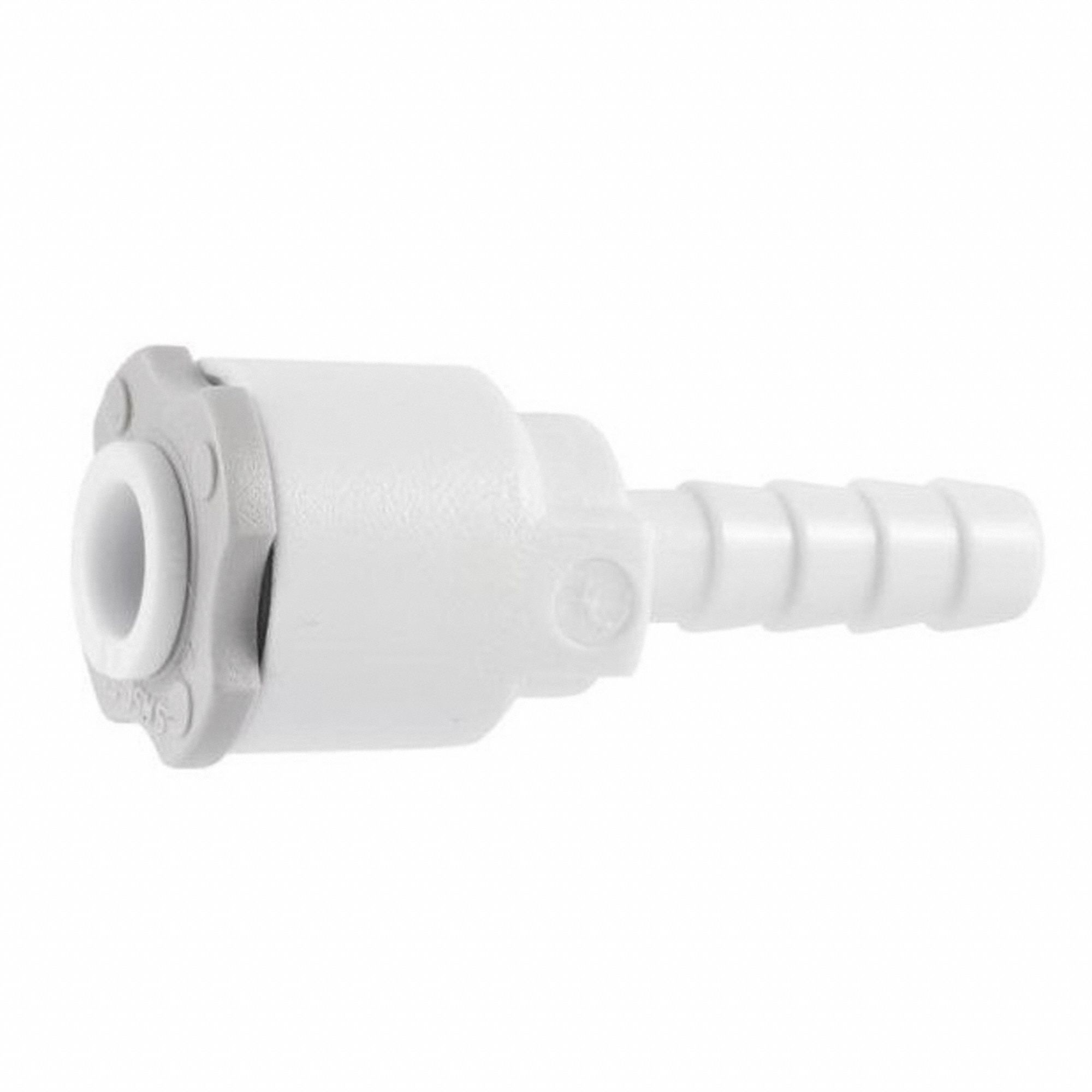 BARB ADAPTER: ACETAL, PUSH-TO-CONNECT X BARBED, FOR ¼ IN X ¼ IN TUBE OD, WHITE, 10 PK