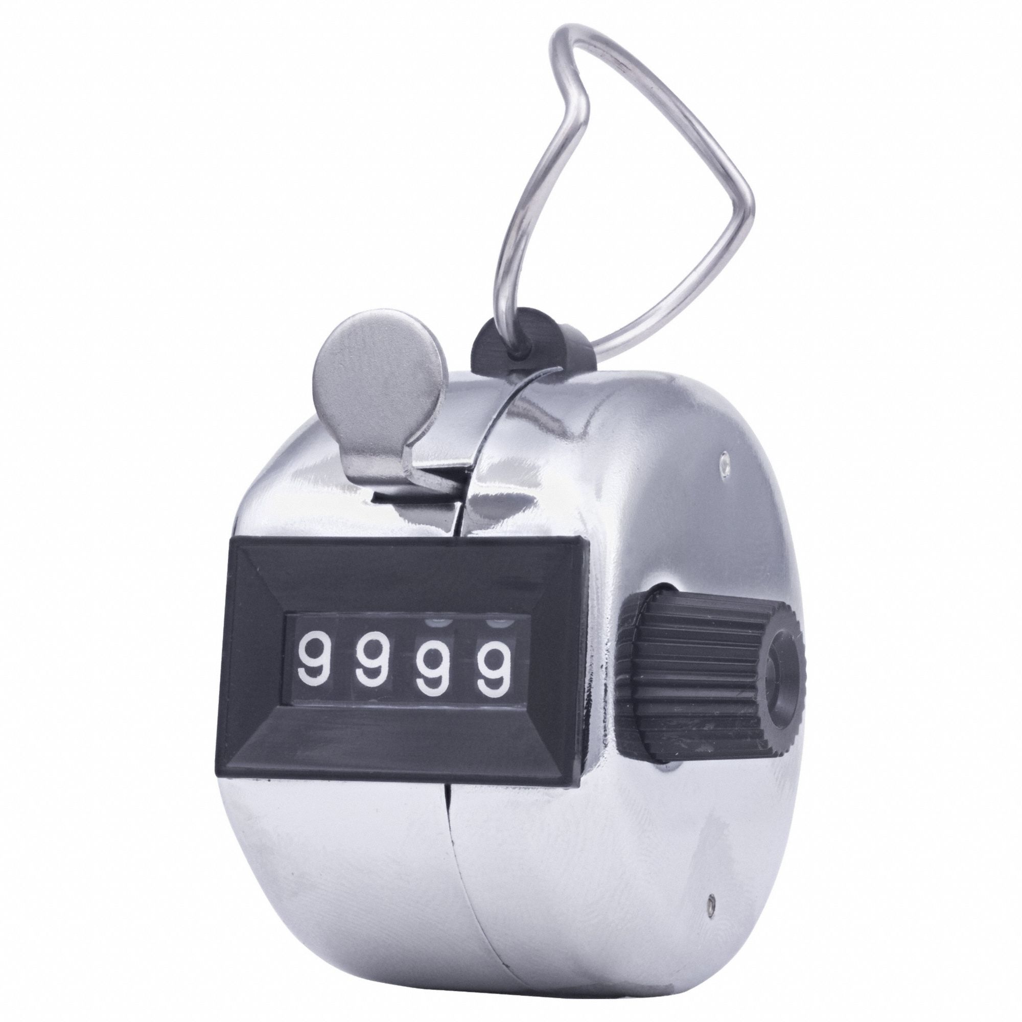 Mechanical Tally Counter: 4 Digits, Hand Held, Knob, White Digits, Black Background