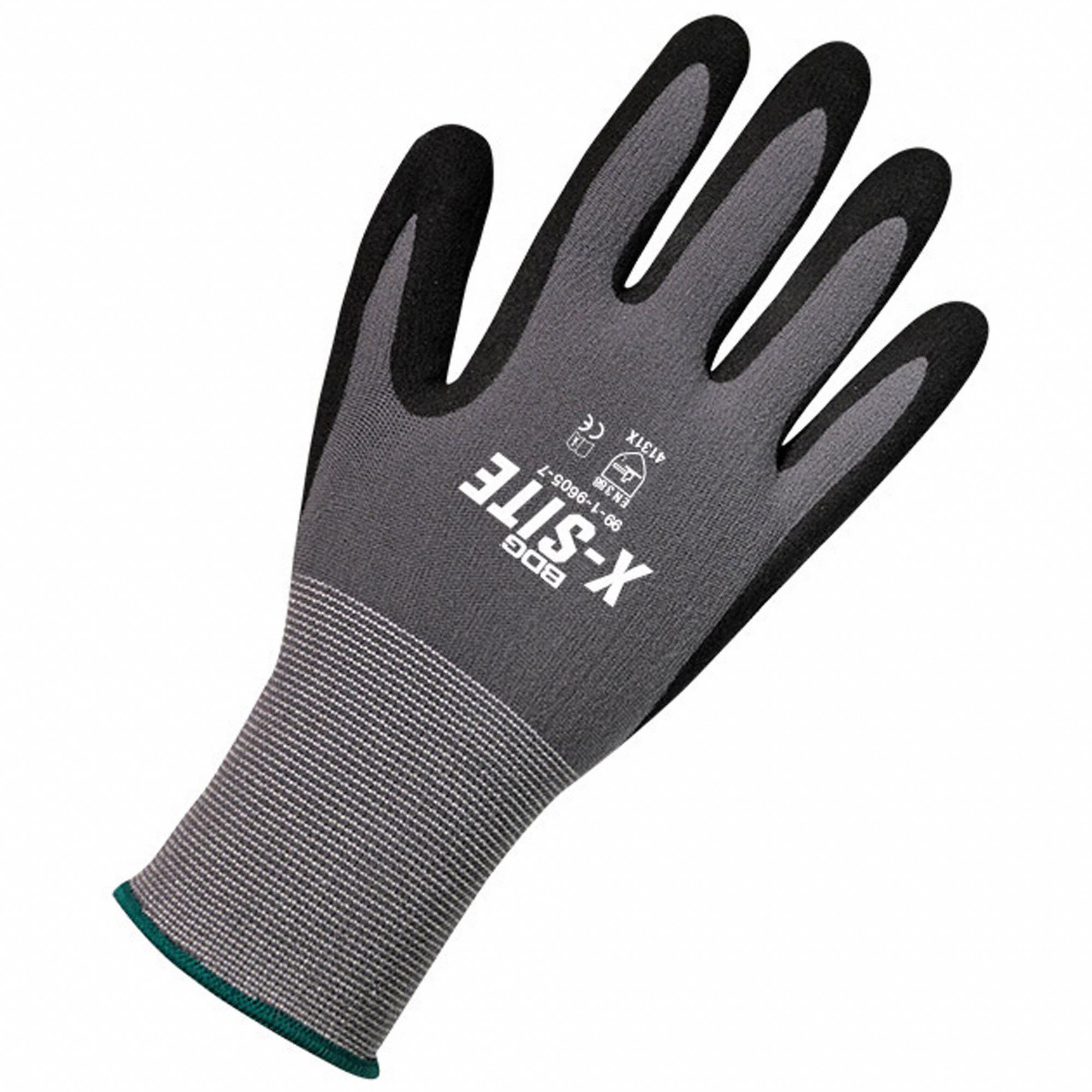 GLOVES, PALM/FINGER COAT, SEAMLESS KNIT, SANDY FINISH, SIZE 6, BLACK/GRAY, FOAM NITRILE, NYLON, PR