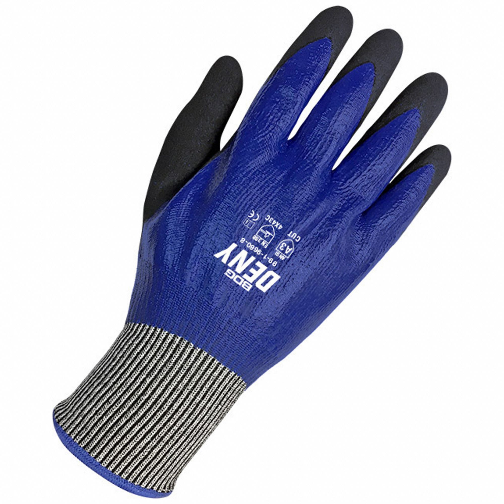 GLOVES, ANSI CUT LVL A3/PNCTR LVL 3/ABRSN LVL 4, XL/10, 10 IN L, BLK/BLUE, FRP/NYLON/NITRILE, PR