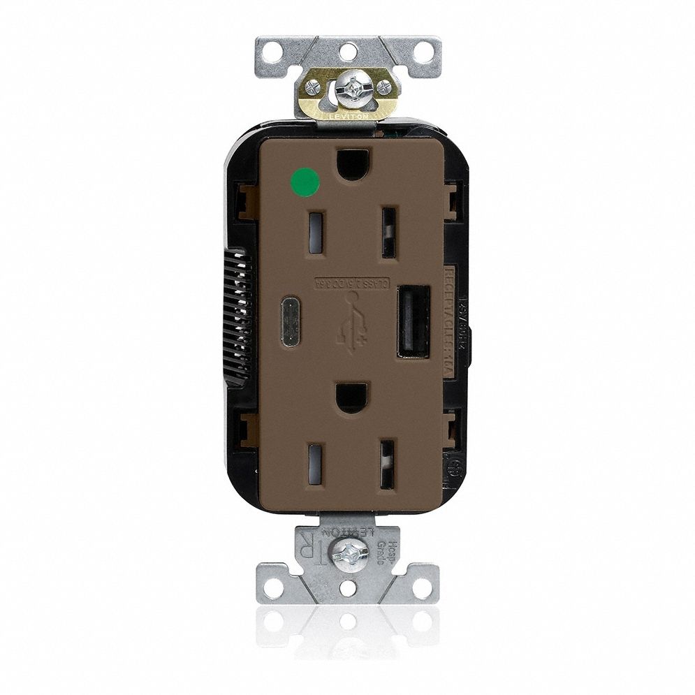 USB Charger Receptacle: 5-15R, 15 A, 125V AC, Brown, A/C USB Connection Type, Hospital Grade