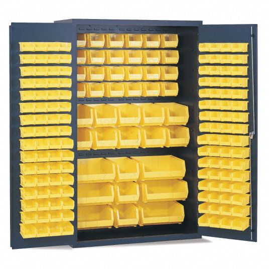 VARI-TUFF Bin Cabinet: 48 in x 24 in 78 in, 3 Shelves, 137 Bins, Yellow,  Flush, 14 ga Panel, Gray