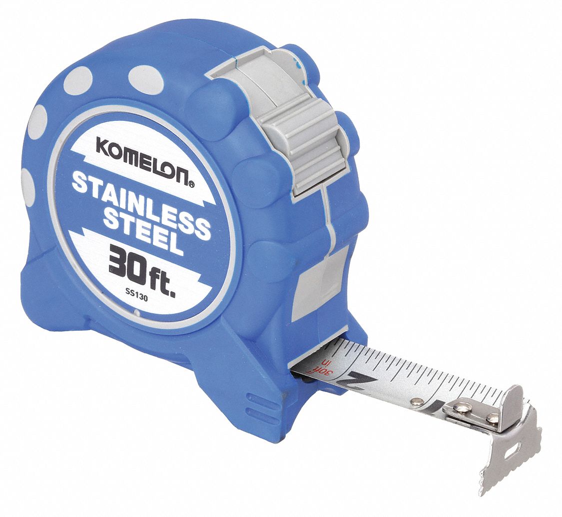 Tape Measure: Nonmagnetic Double Hook Tip, 30 ft, Plastic with Rubberized Grip, Blue