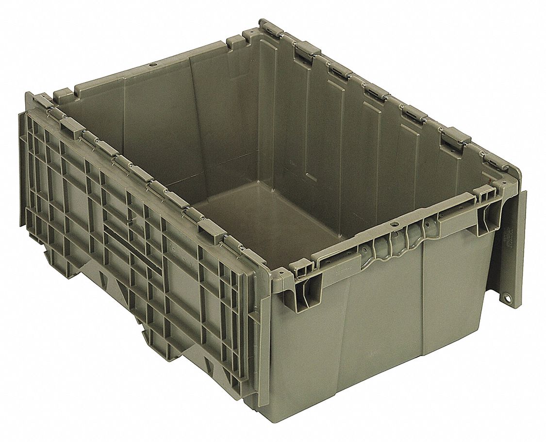 Attached Lid Tote: 9.5 gal, 21 3/4 in x 14 7/8 in x 9 5/8 in, Gray Body